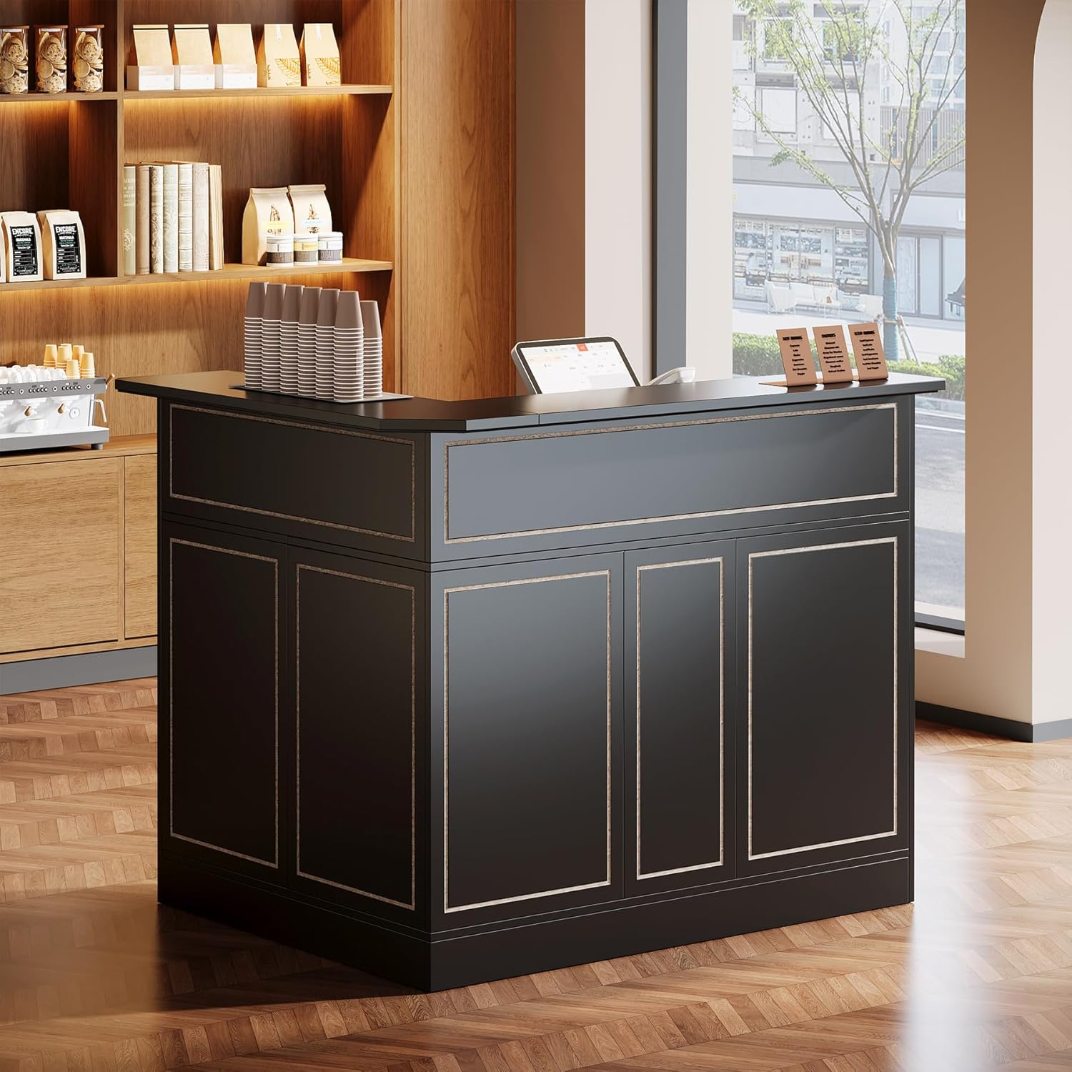 L-Shaped Reception Desk with Storage Shelves, Modern Front Desk for Small Office or Salon