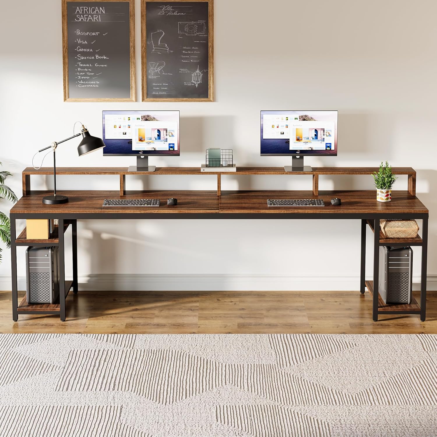 78.74" Extra Long Two Person Desk, Double Computer Desk with Storage Shelves