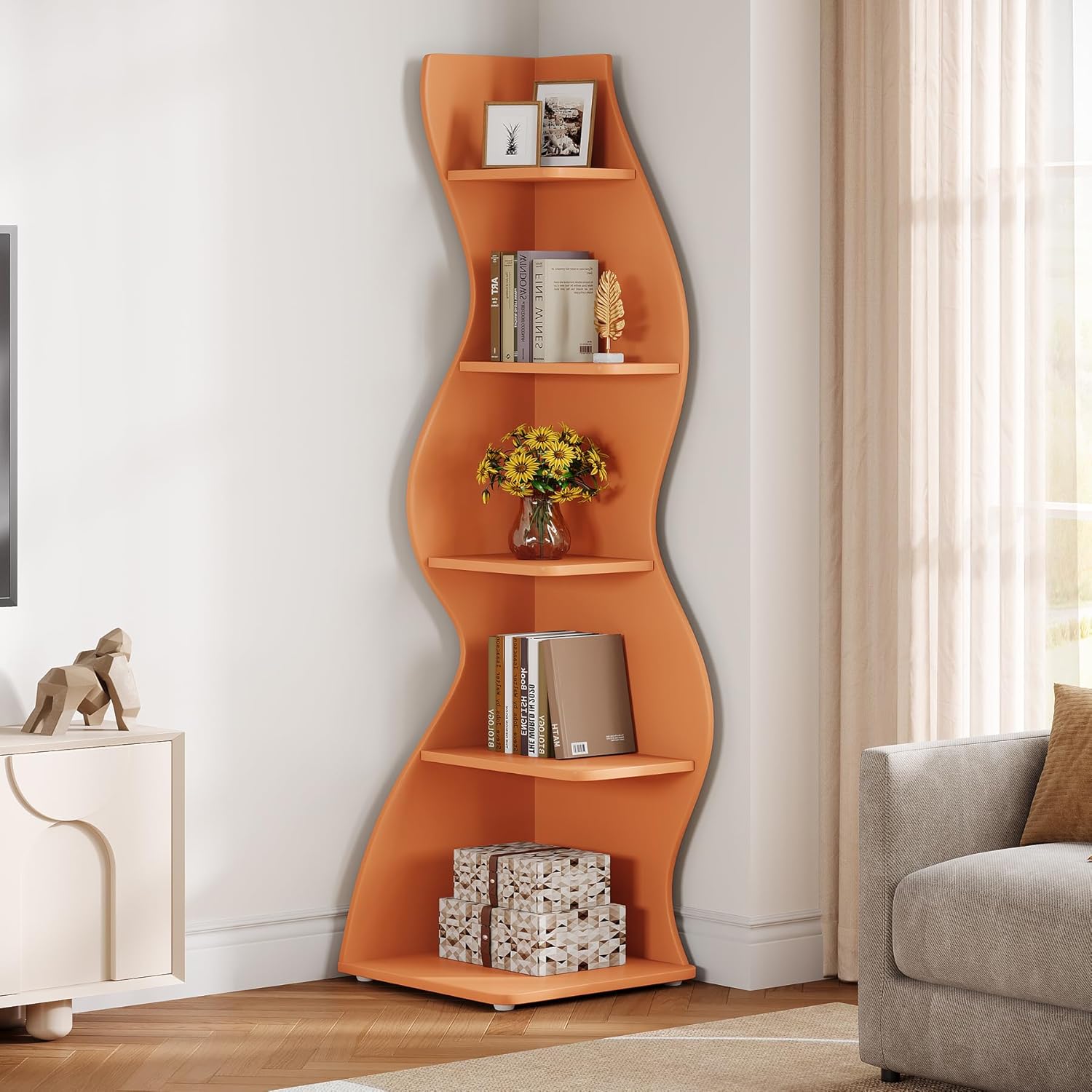 Tribesigns Wavy Corner Shelf, Modern 5-Tier Curved Bookshelf for Small Spaces