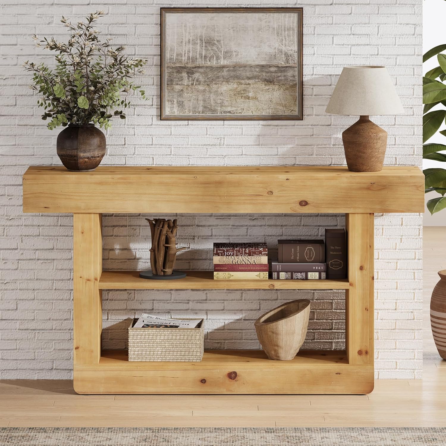 63" Solid Wood Console Table, 3-Tier Sofa Table with Storage for Entryway
