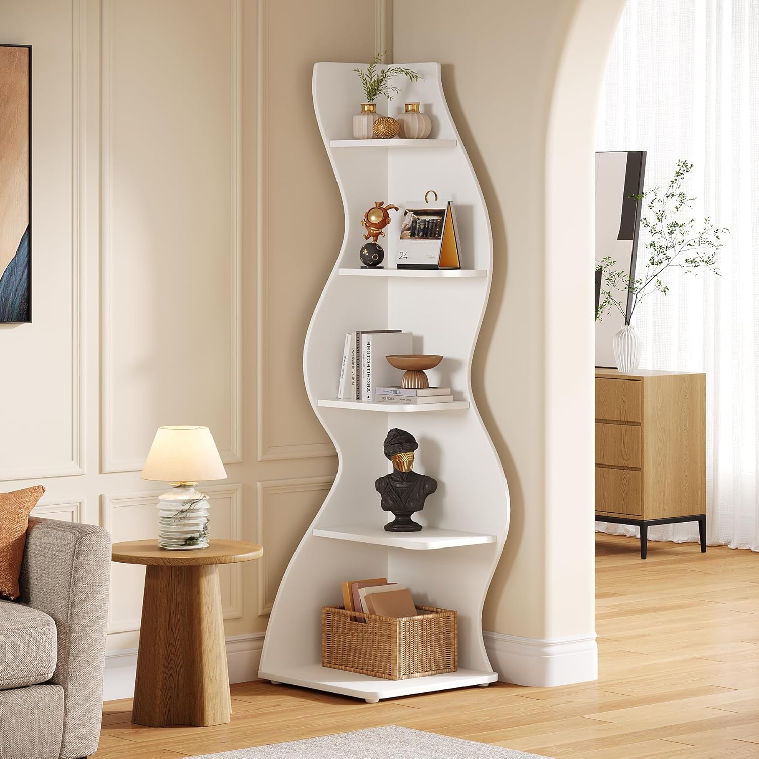 Tribesigns Wavy Corner Shelf, Modern 5-Tier Curved Bookshelf for Small Spaces