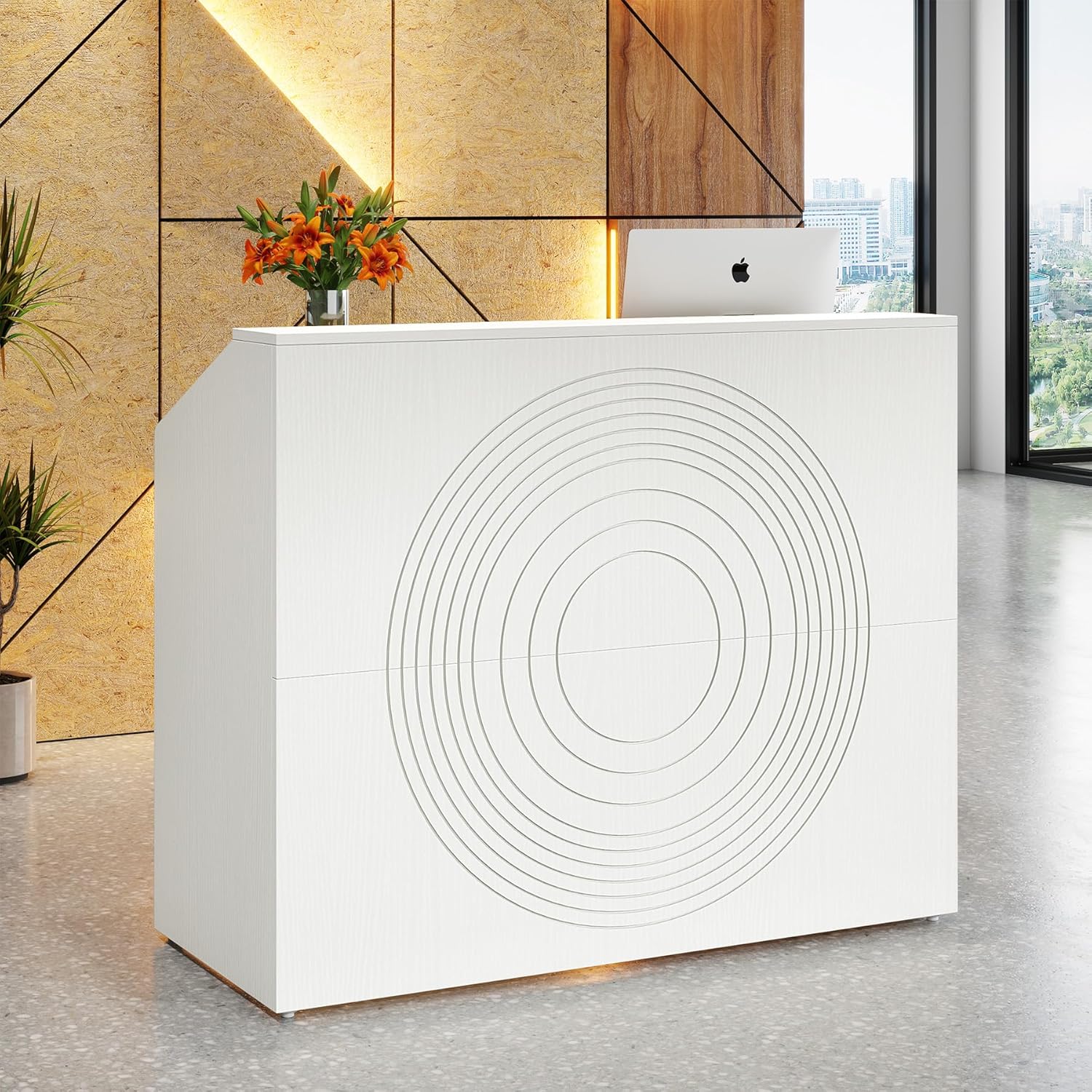 46.46" Modern Reception Desk, White Front Counter with Cable Grommet for Salon and Home Office