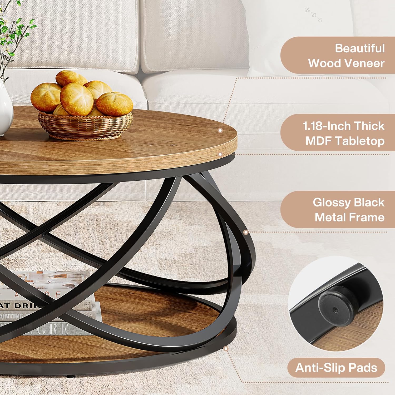 Round Coffee Table, 2-Tier Circle Center Table with Storage Shelves