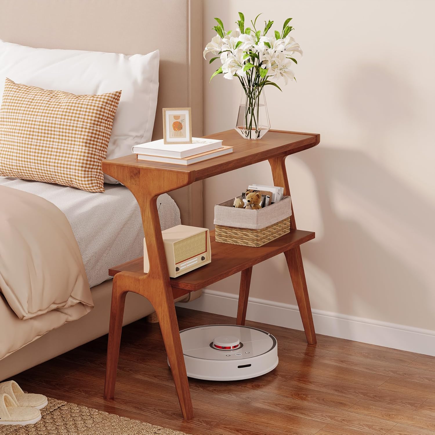 2-Tier Slim End Table, Solid Wood Sofa Side Table with Storage Shelf
