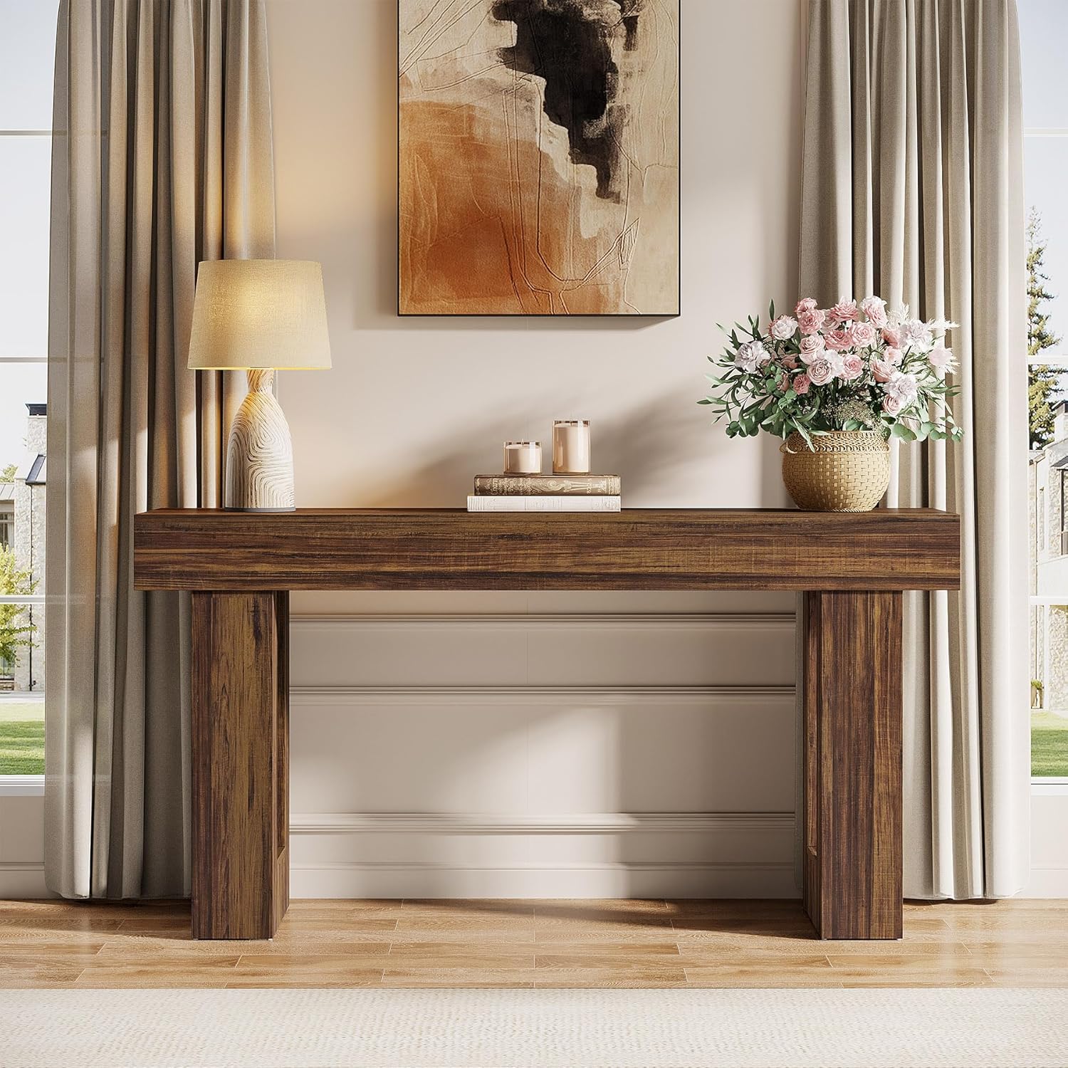 63" Wood Sofa Table, Chunky Console Table for Entryway
