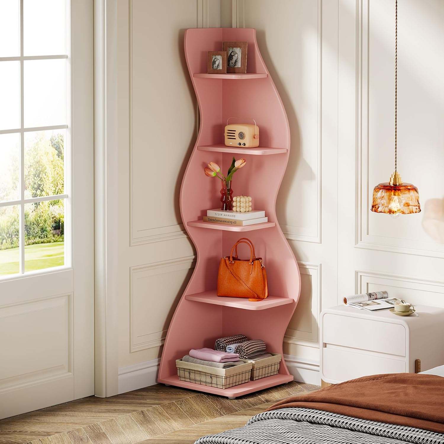 Tribesigns Wavy Corner Shelf, Modern 5-Tier Curved Bookshelf for Small Spaces
