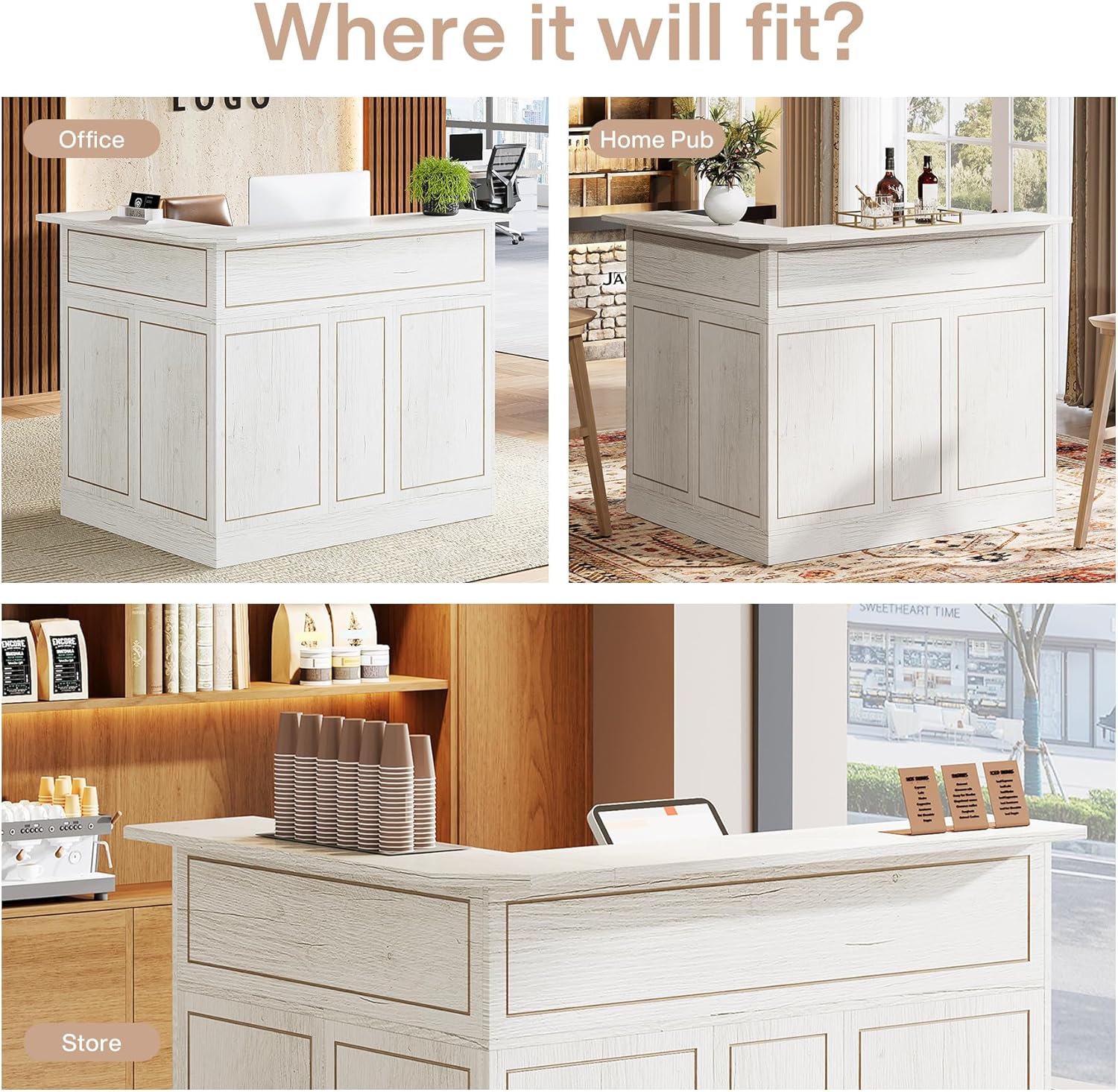 L-Shaped Reception Desk with Storage Shelves, Modern Front Desk for Small Office or Salon