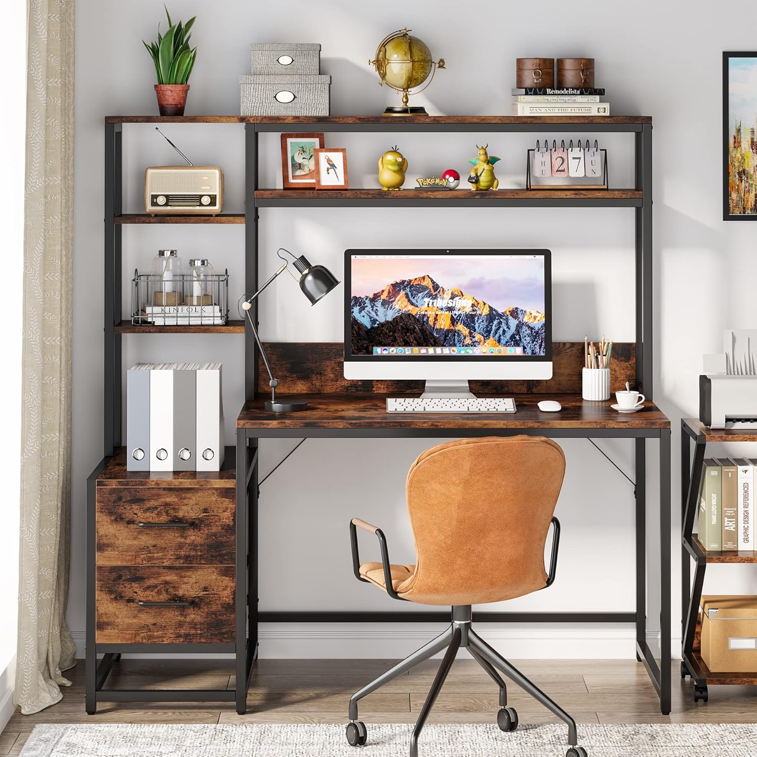 Tribesigns 55 Inch Computer Desk with Storage Shelves, Rustic Office Desk with Drawers