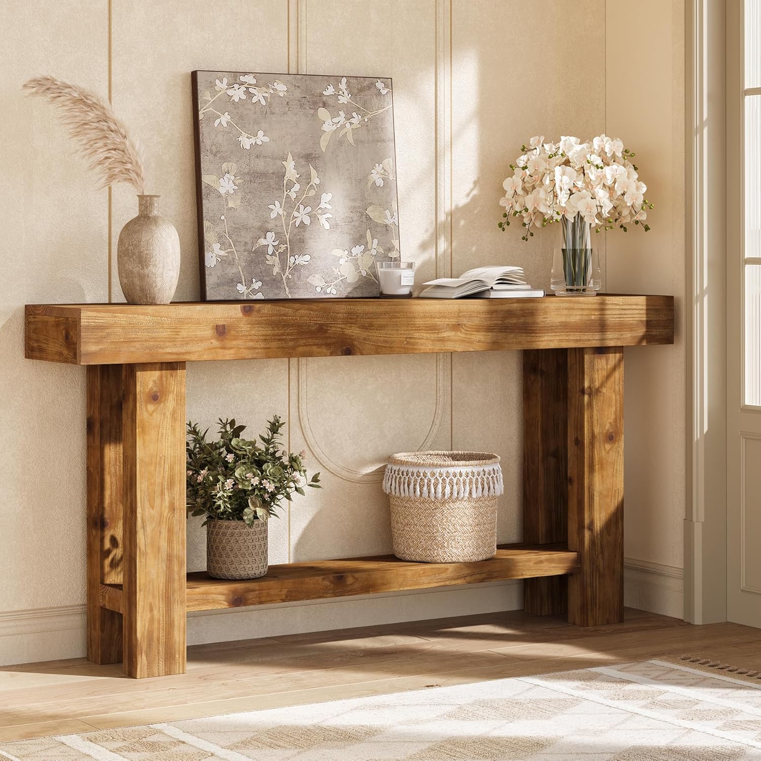 63" Solid Wood Console Table, 2-Tier Narrow Entryway Sofa Table