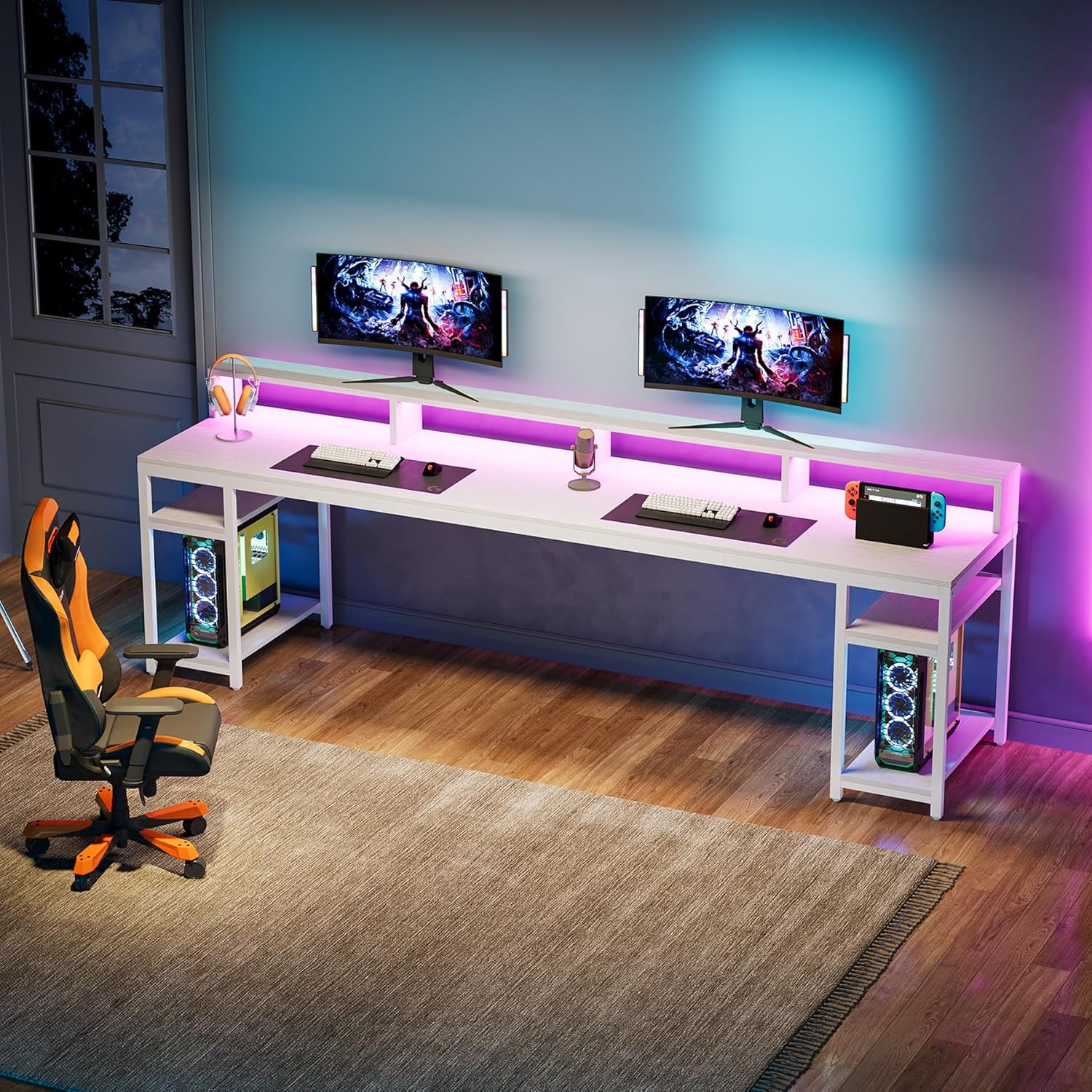 78.74" Extra Long Two Person Desk, Double Computer Desk with Storage Shelves