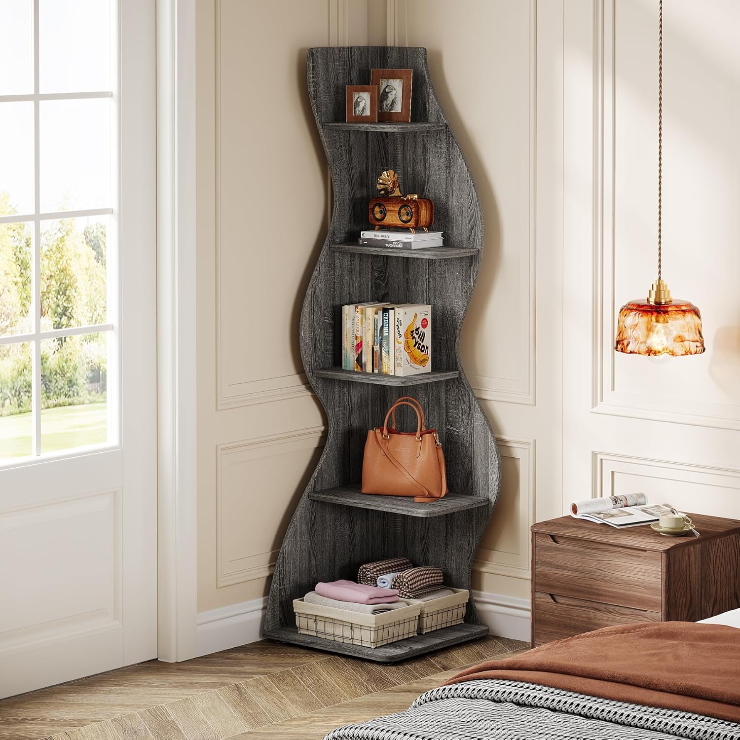 Tribesigns Wavy Corner Shelf, Modern 5-Tier Curved Bookshelf for Small Spaces