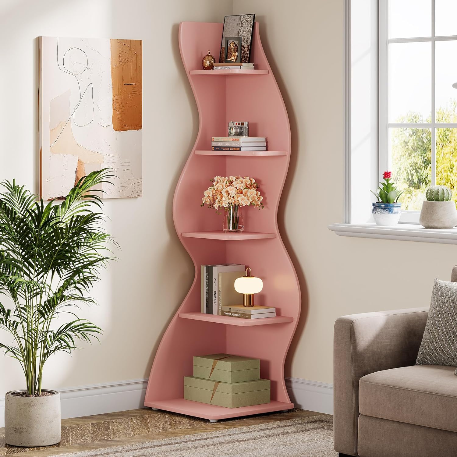 Tribesigns Wavy Corner Shelf, Modern 5-Tier Curved Bookshelf for Small Spaces