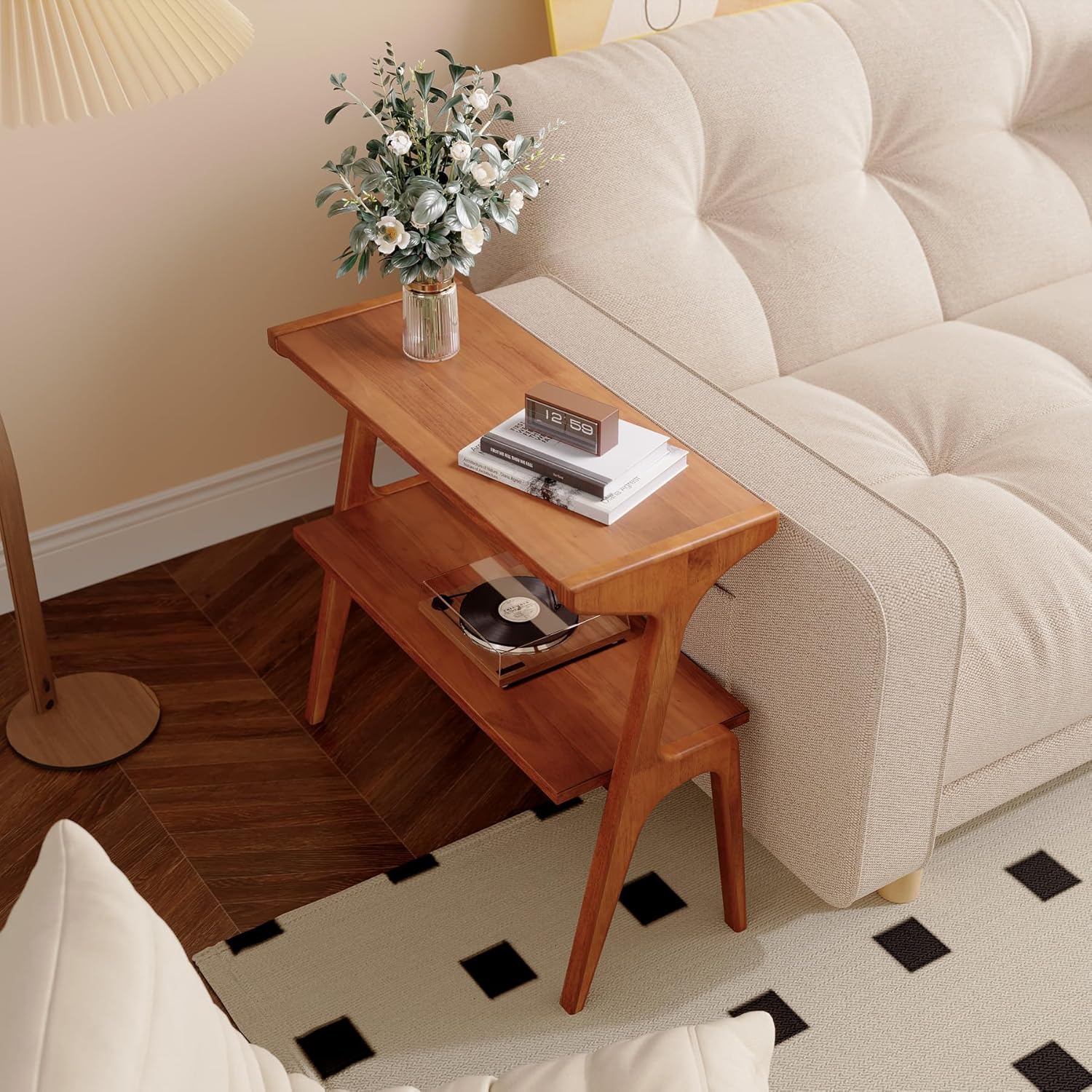 2-Tier Slim End Table, Solid Wood Sofa Side Table with Storage Shelf