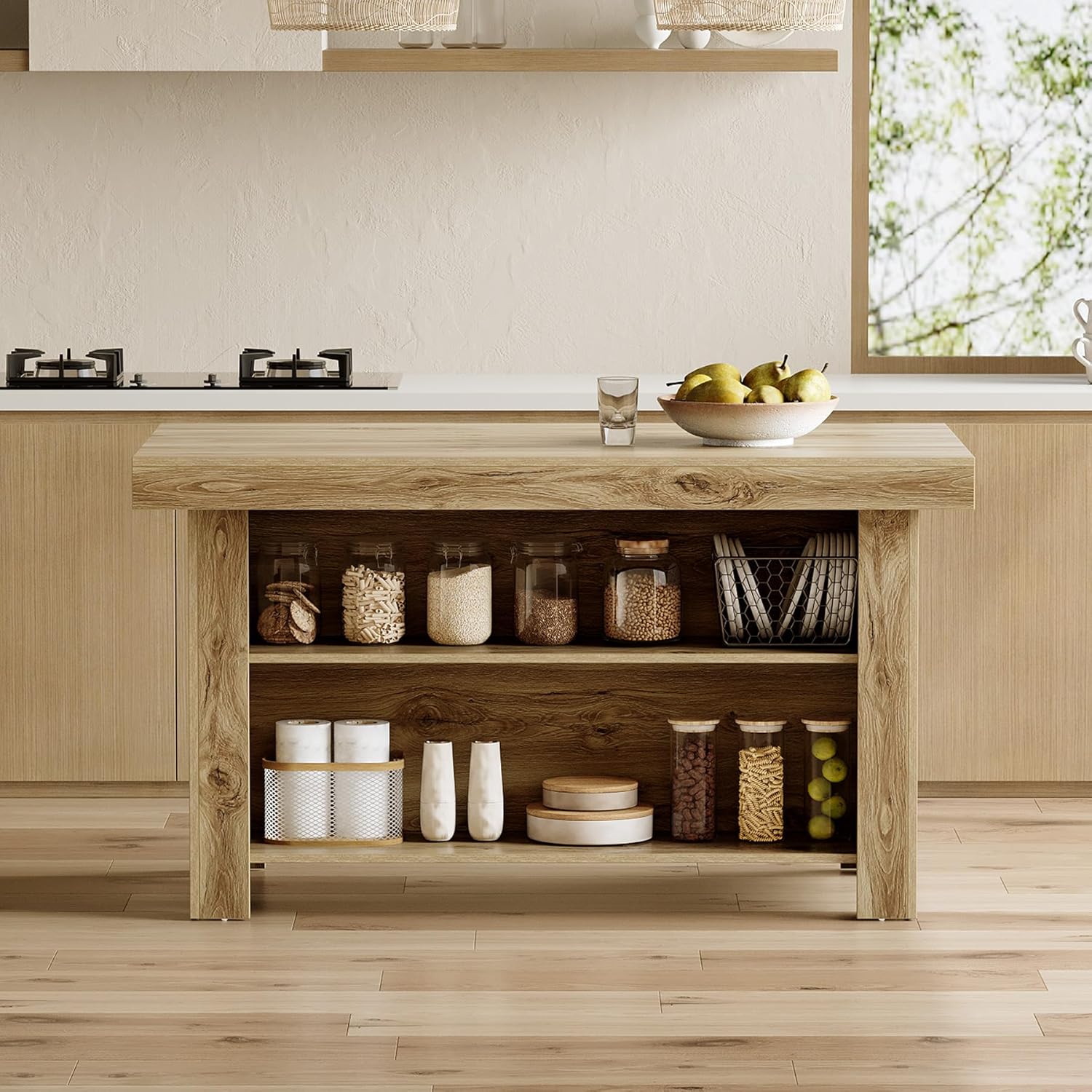 55" Kitchen Island, 3-Tier Island Table Counter Height Bar Table