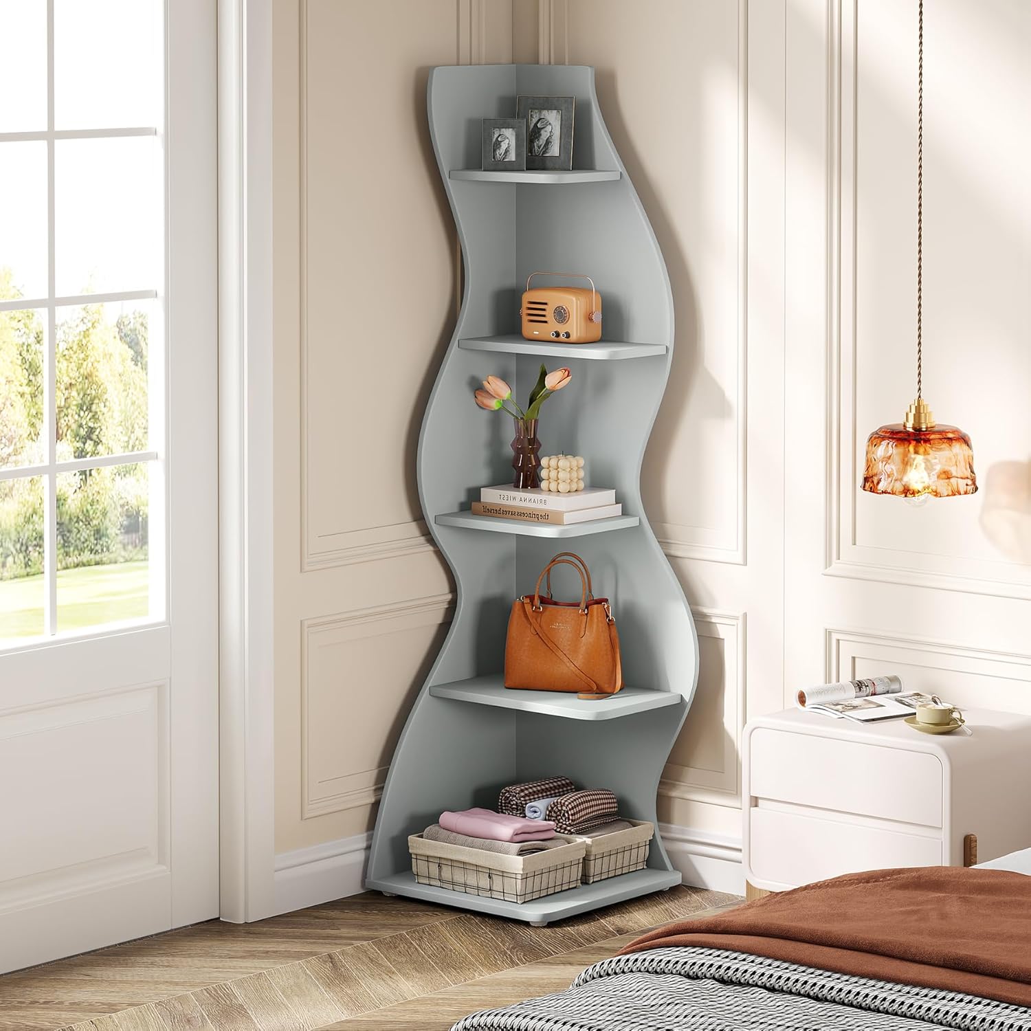 Tribesigns Wavy Corner Shelf, Modern 5-Tier Curved Bookshelf for Small Spaces