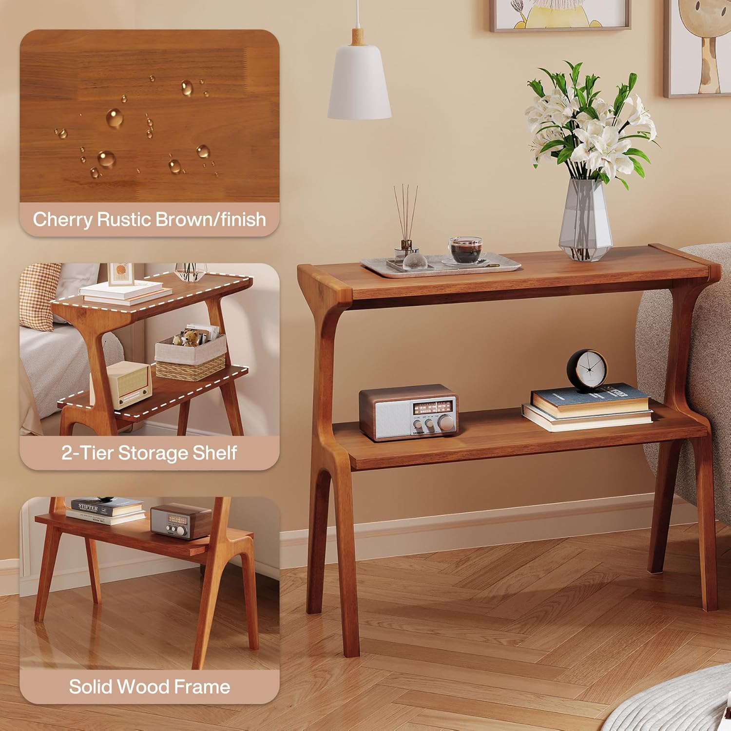 2-Tier Slim End Table, Solid Wood Sofa Side Table with Storage Shelf