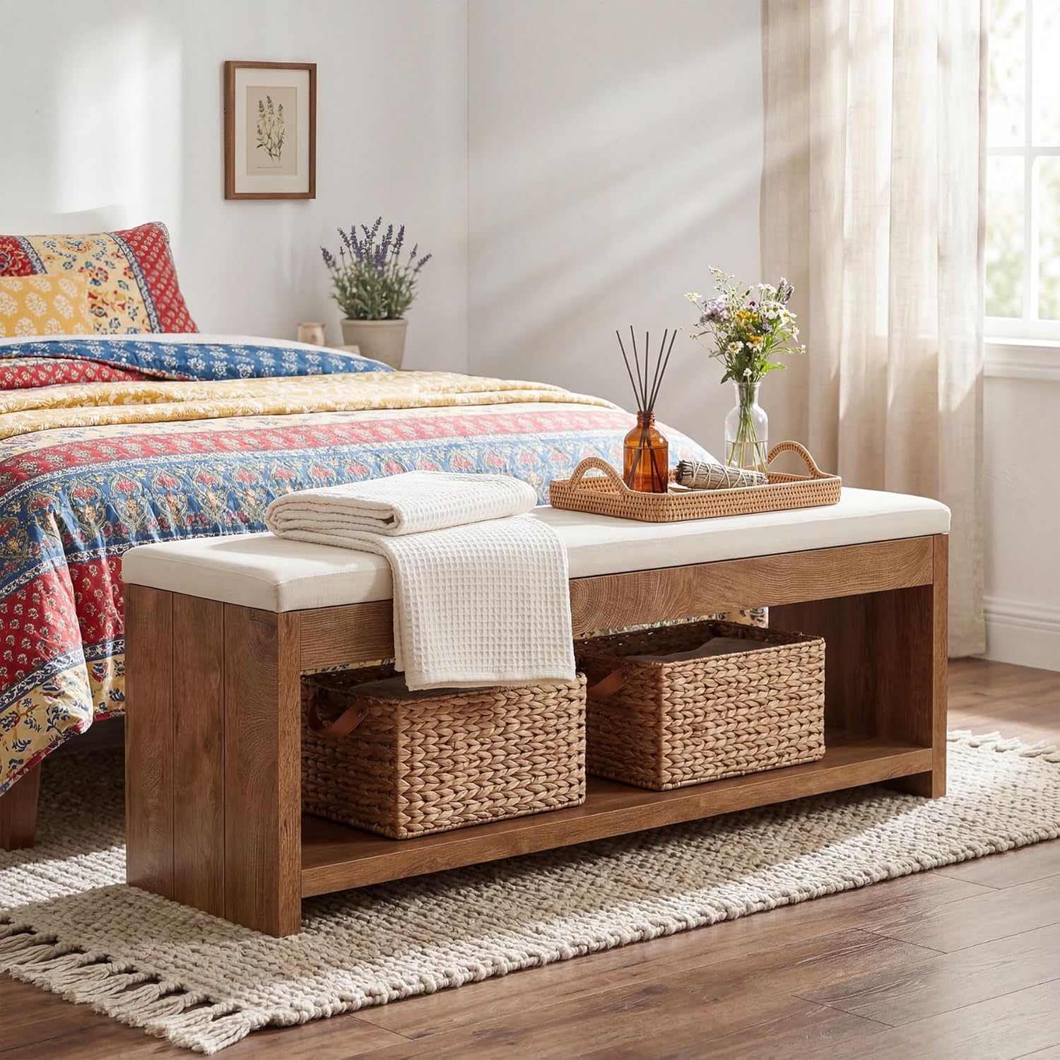 Upholstered End of Bed Bench, 55" Wooden Storage Bench with Shoe Rack