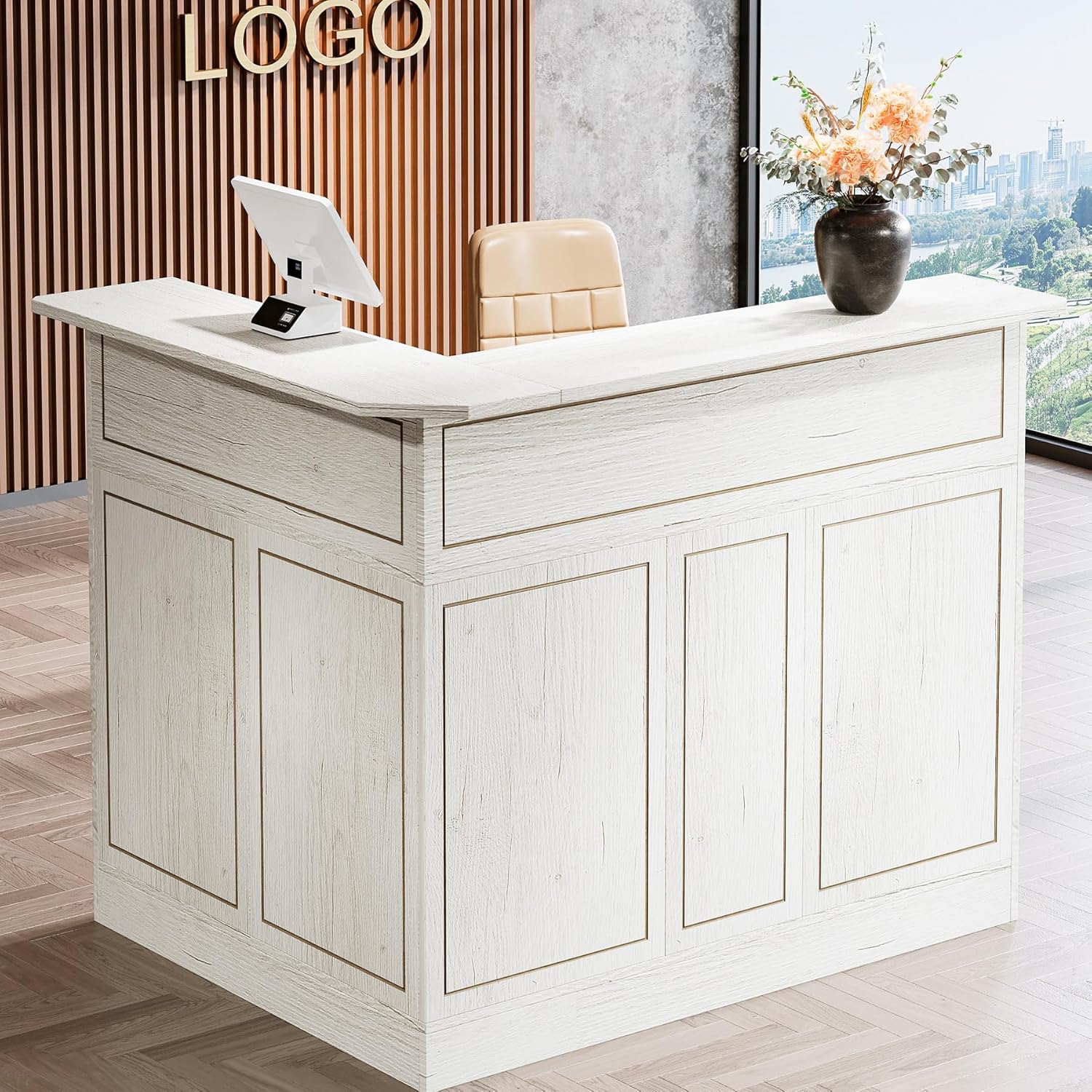 L-Shaped Reception Desk with Storage Shelves, Modern Front Desk for Small Office or Salon