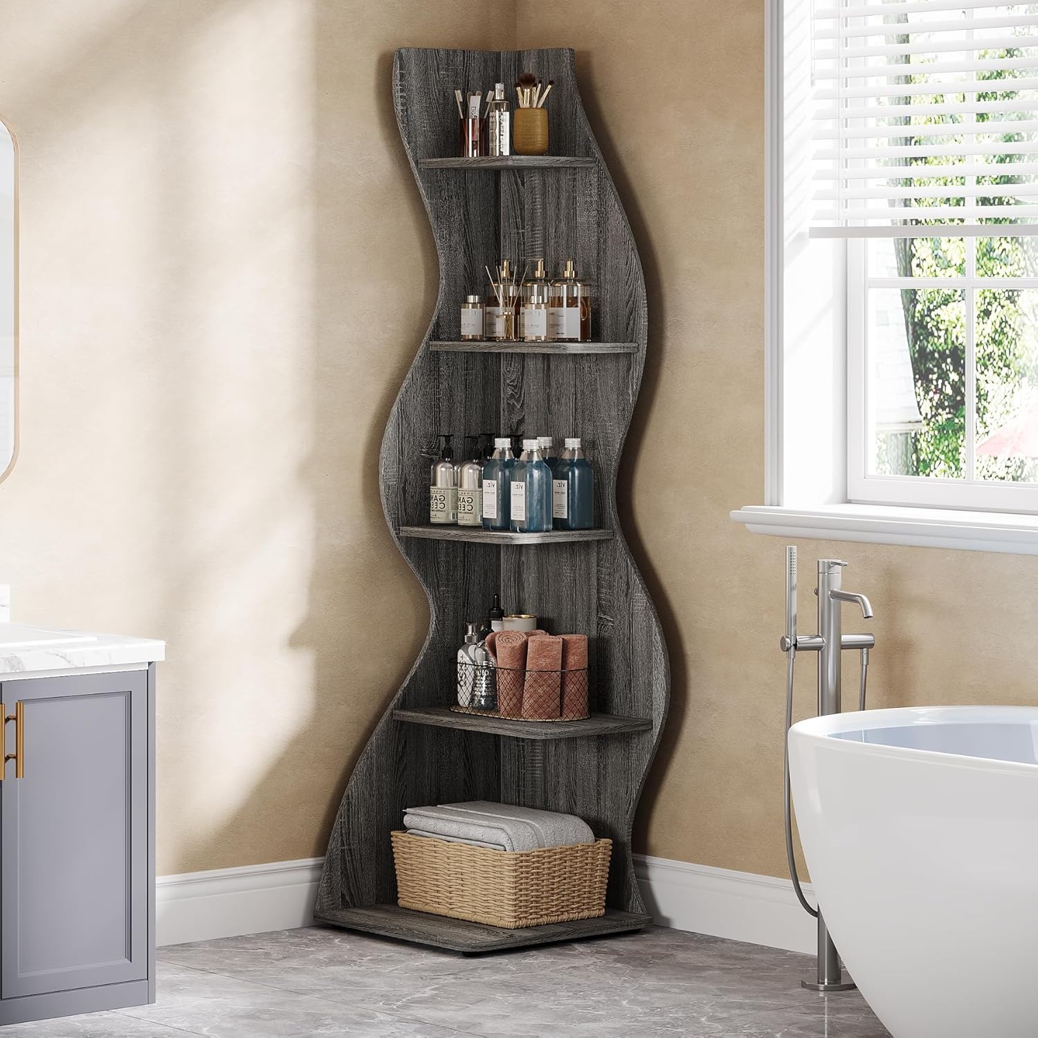 Tribesigns Wavy Corner Shelf, Modern 5-Tier Curved Bookshelf for Small Spaces