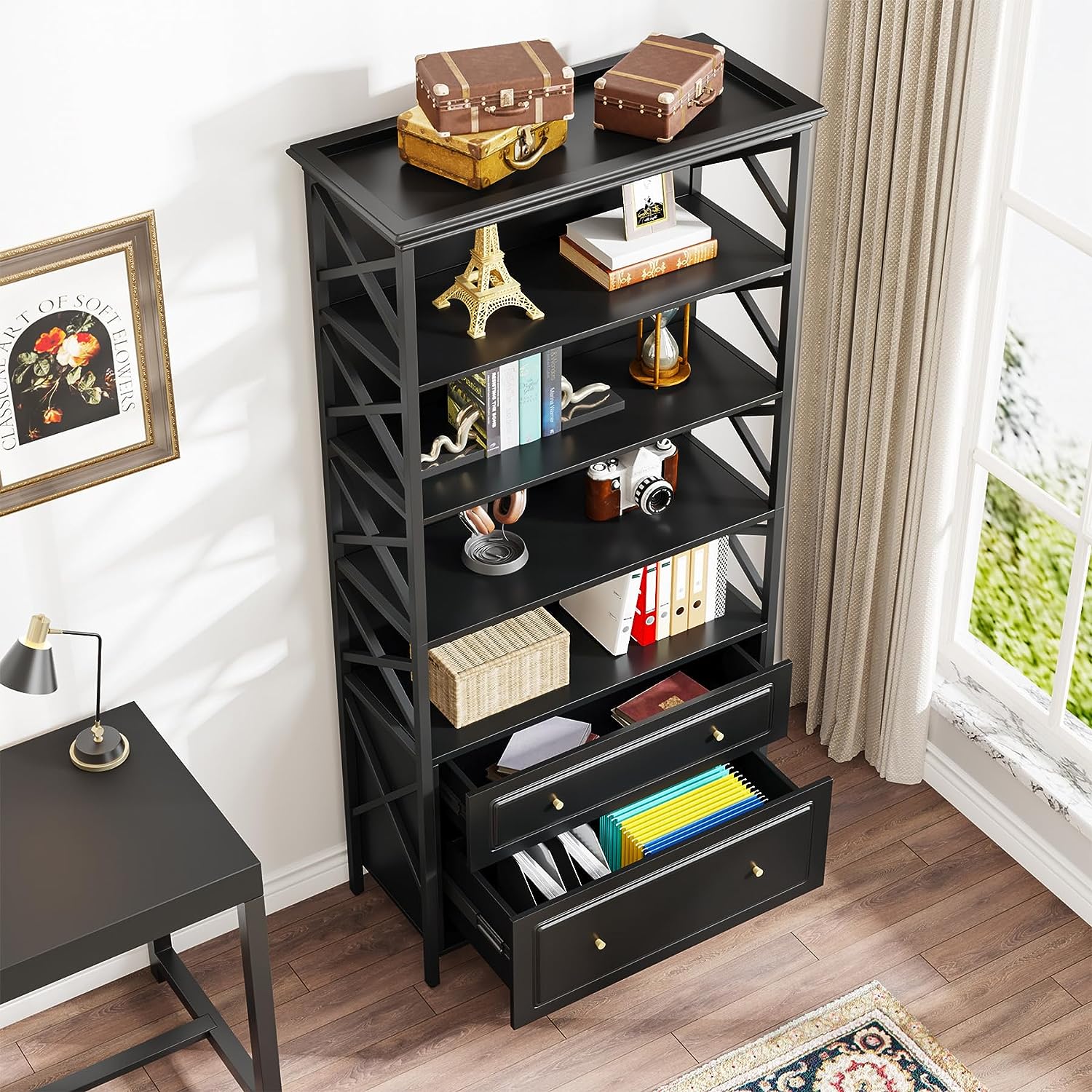 Tribesigns Bookshelf, 5-Tier Bookcase Display Shelf Organizer with 2 Drawers Tribesigns