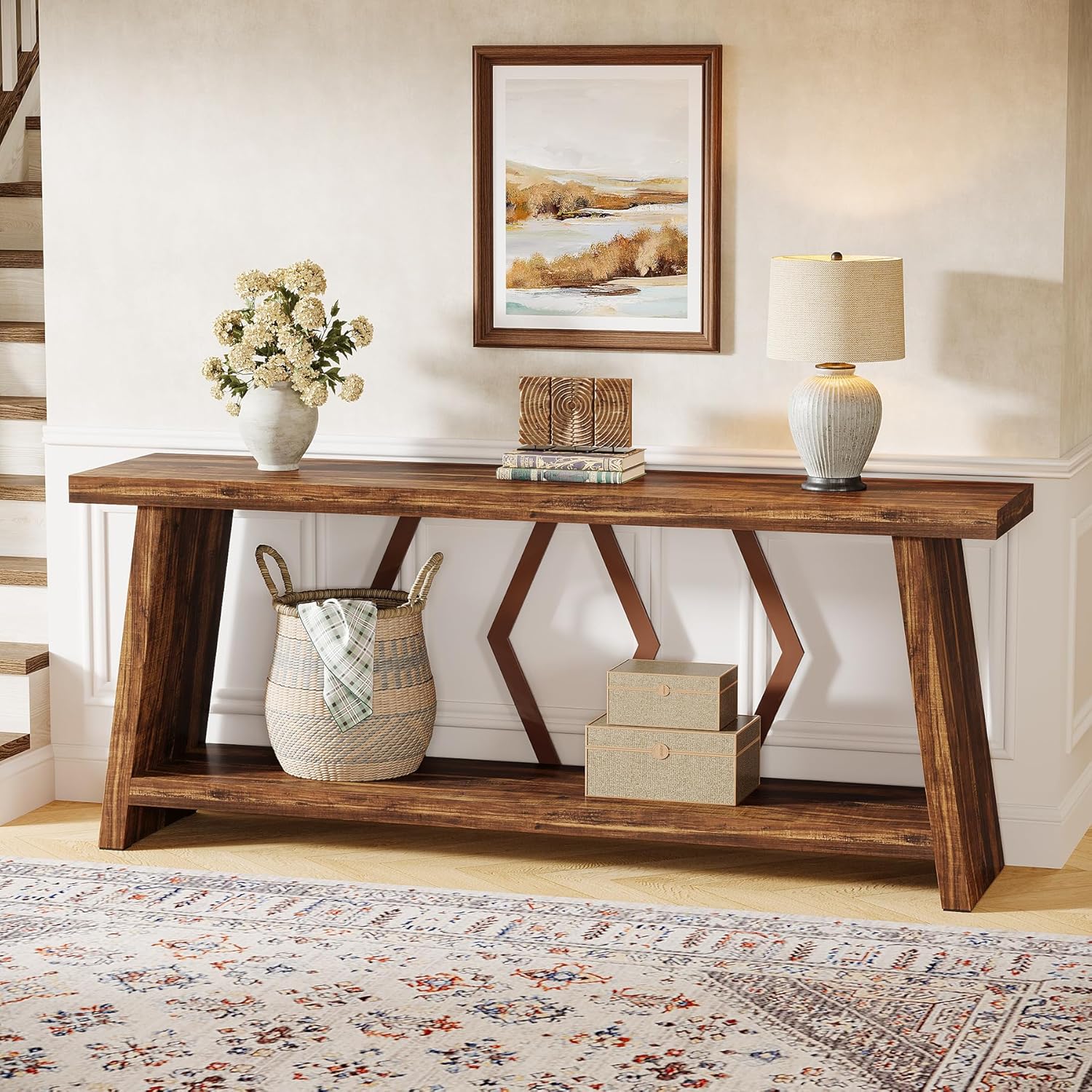 70.86" Extra Long Console Table, 2-Tier Wooden Sofa Table with Storage
