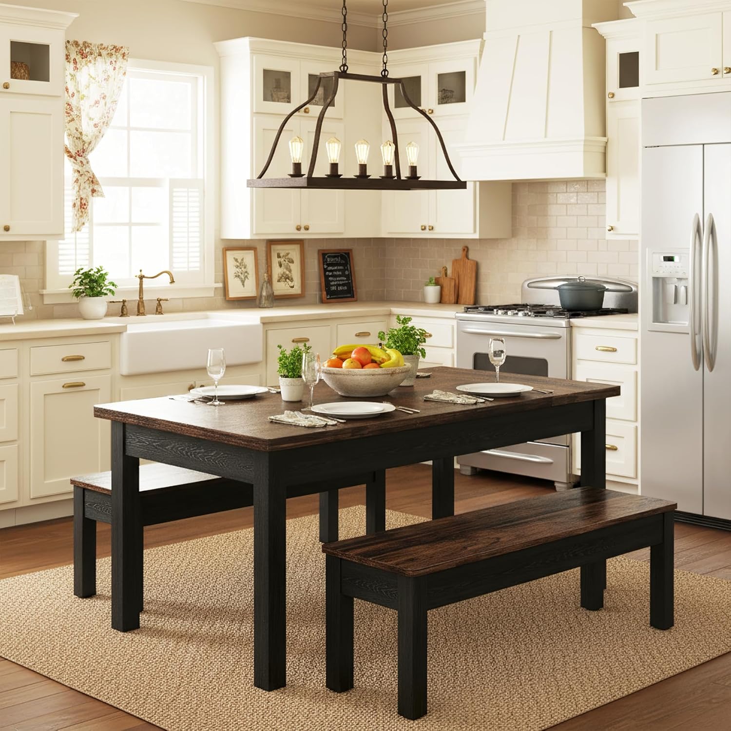 55" Farmhouse Kitchen Table Set for 4–6 People, 3 Piece Space Saving Dining Table with 2 Benches