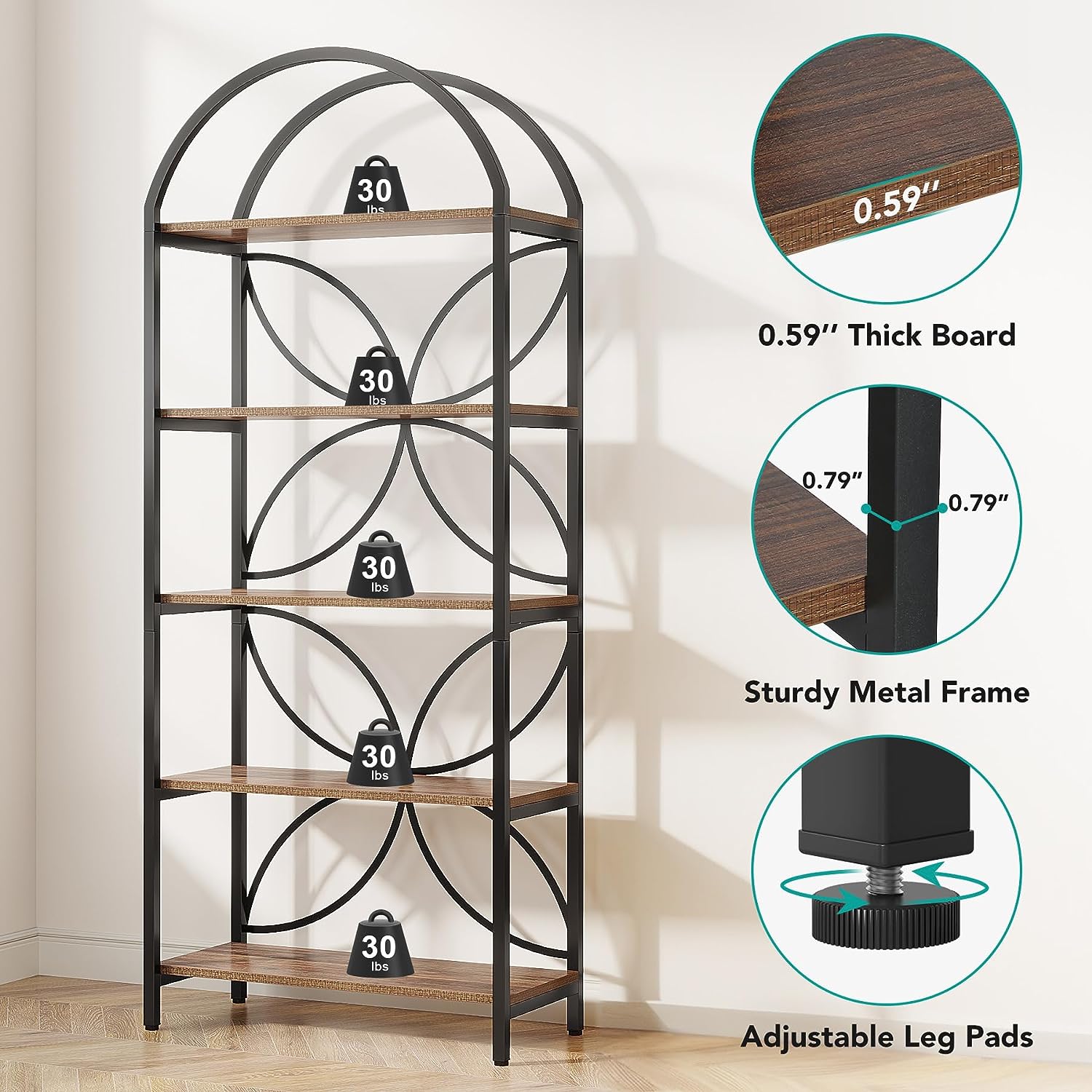 5-Tier Bookshelf, 75" Tall Arched Bookcase Display Rack Tribesigns