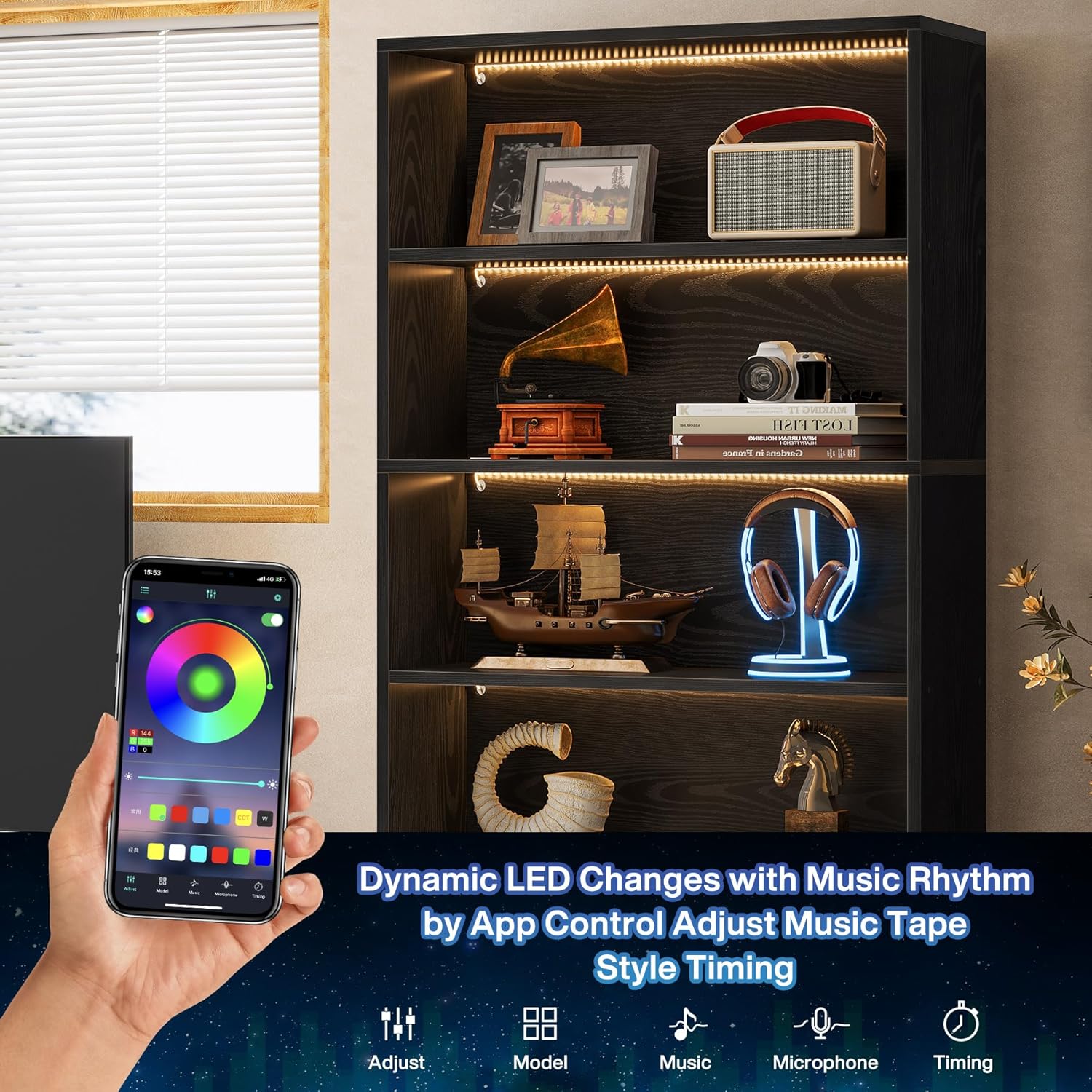 Tribesigns 70.8-Inch Tall Bookcase with LED Lights, 5-Tier Black Bookshelf Organizer