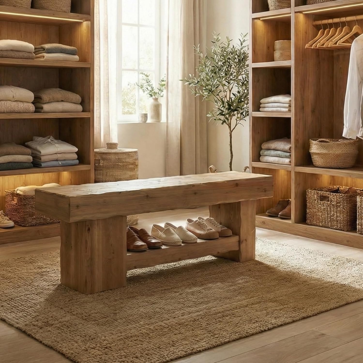 63" Solid Wood Dining Bench, Farmhouse Kitchen Table Bench with Storage Shelf