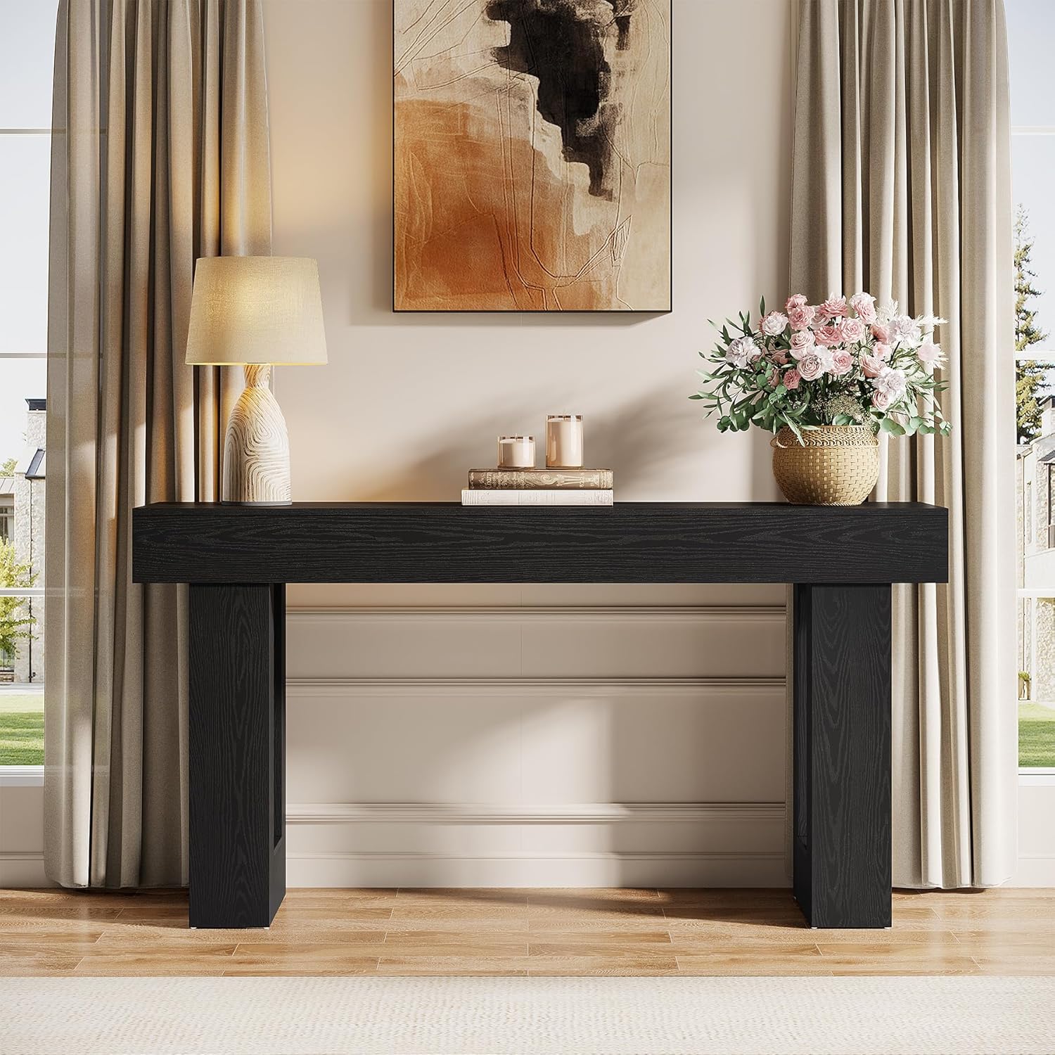 63" Wood Sofa Table, Chunky Console Table for Entryway