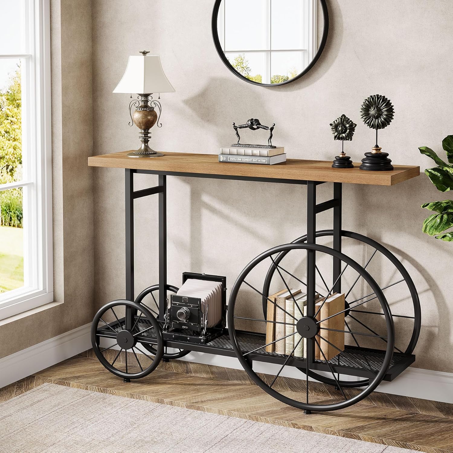 47" Console Table, 2 - Tier Sofa Hallway Table with Wheel - Shape Base Tribesigns