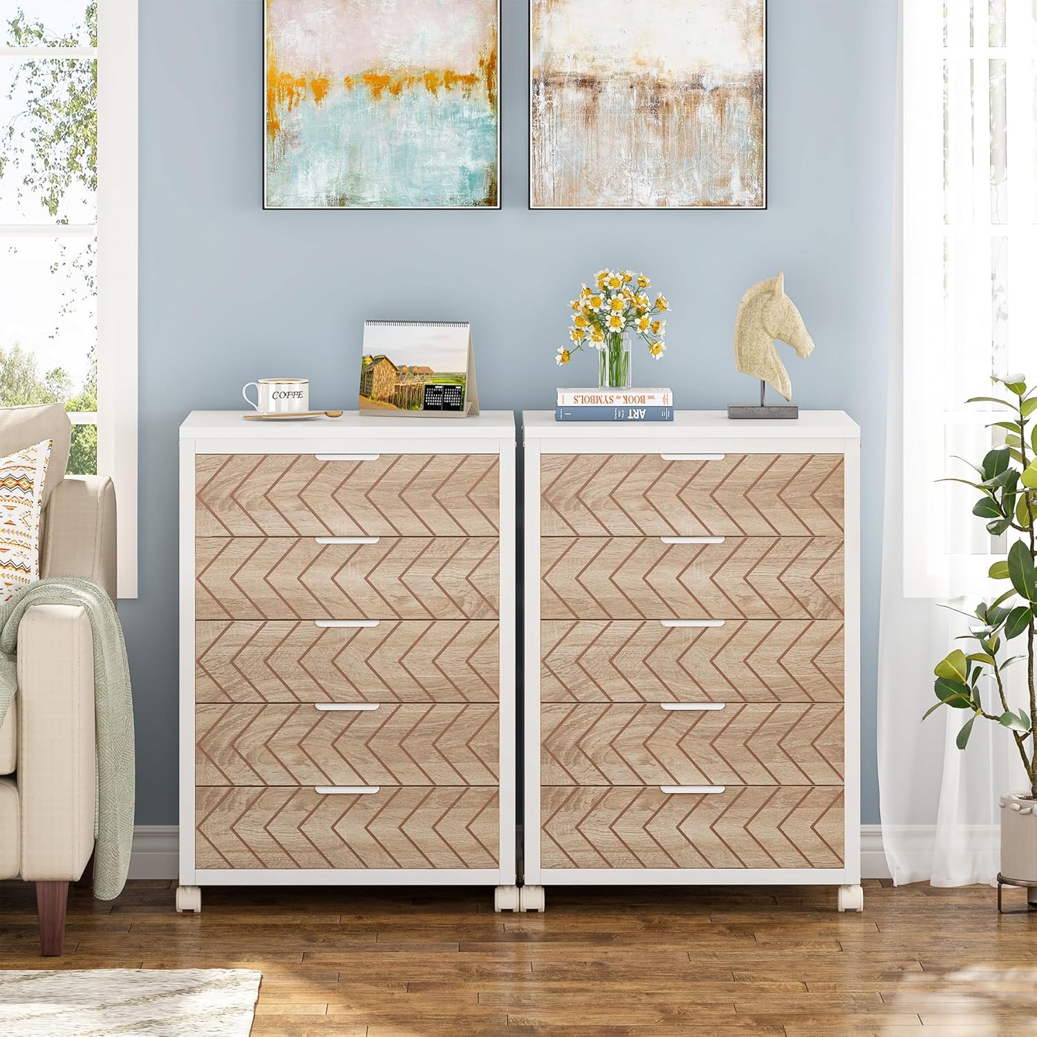 5-Drawer File Cabinet, Wood Mobile Storage Drawer Unit Industrial Office Cabinet with Drawers & Wheels