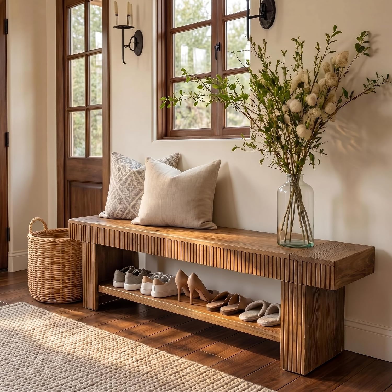 71 Inch Fluted Entryway Bench, Solid Wood Shoe Bench with Storage Shelf for Hallway