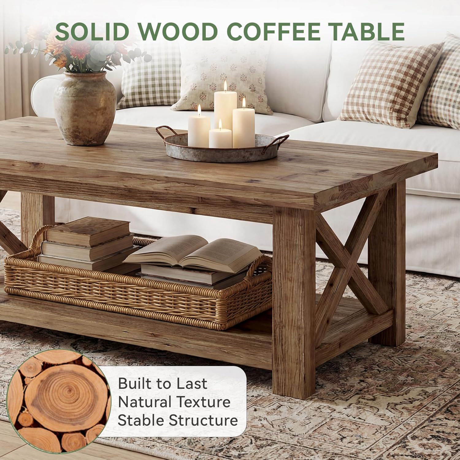 Tribesigns 47" Coffee Table, Farmhouse Rectangular Table with 2-Tier Storage for Living Room