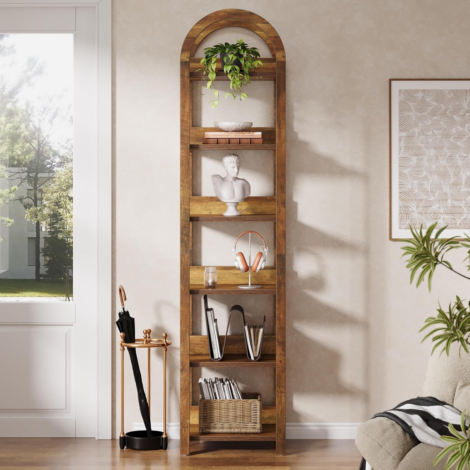 71" Narrow Bookshelf, 6-Tier Arched Bookcase Display Shelf Open Storage Rack