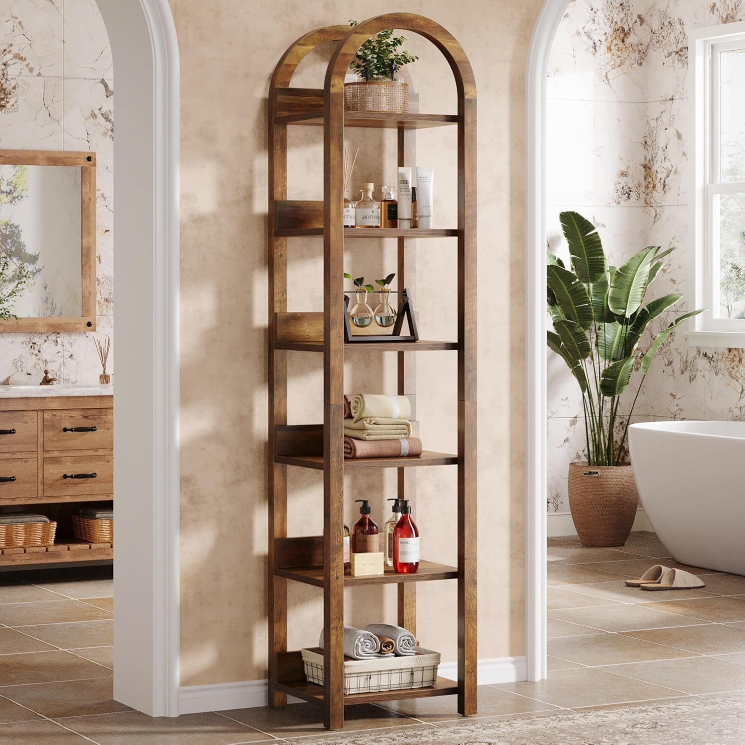 71" Narrow Bookshelf, 6-Tier Arched Bookcase Display Shelf Open Storage Rack