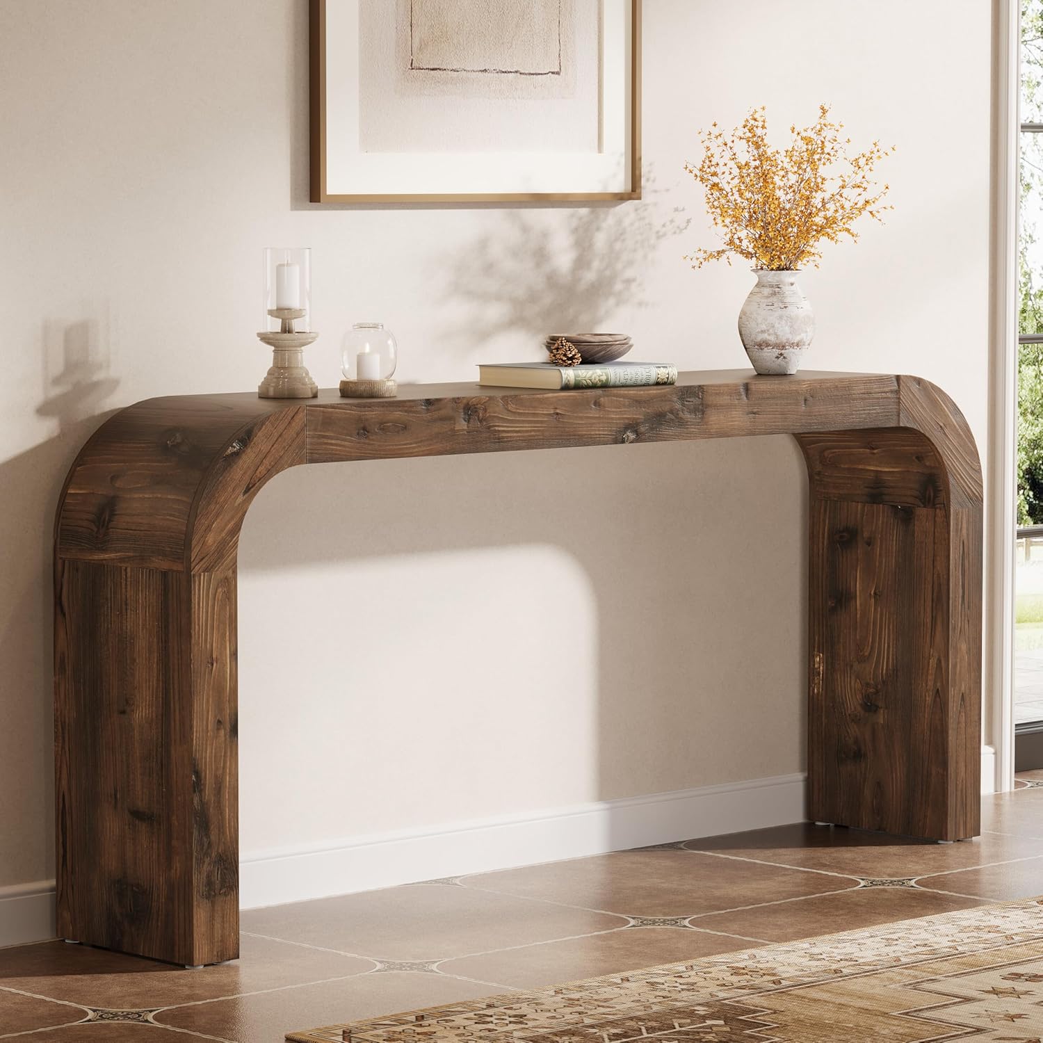 70.8" Console Table, Solid Wood Sofa Table with Curved Corners
