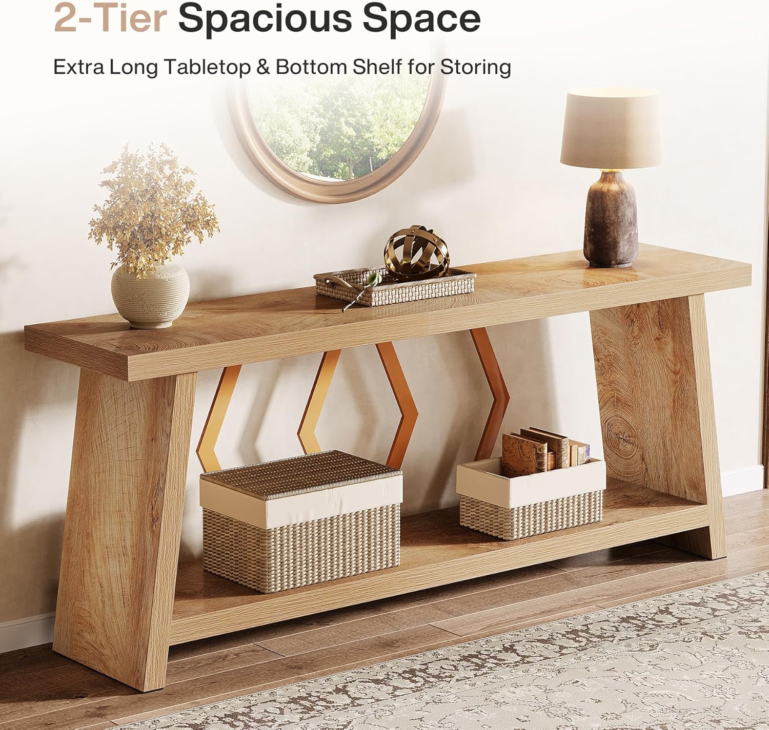 70.86" Extra Long Console Table, 2-Tier Wooden Sofa Table with Storage