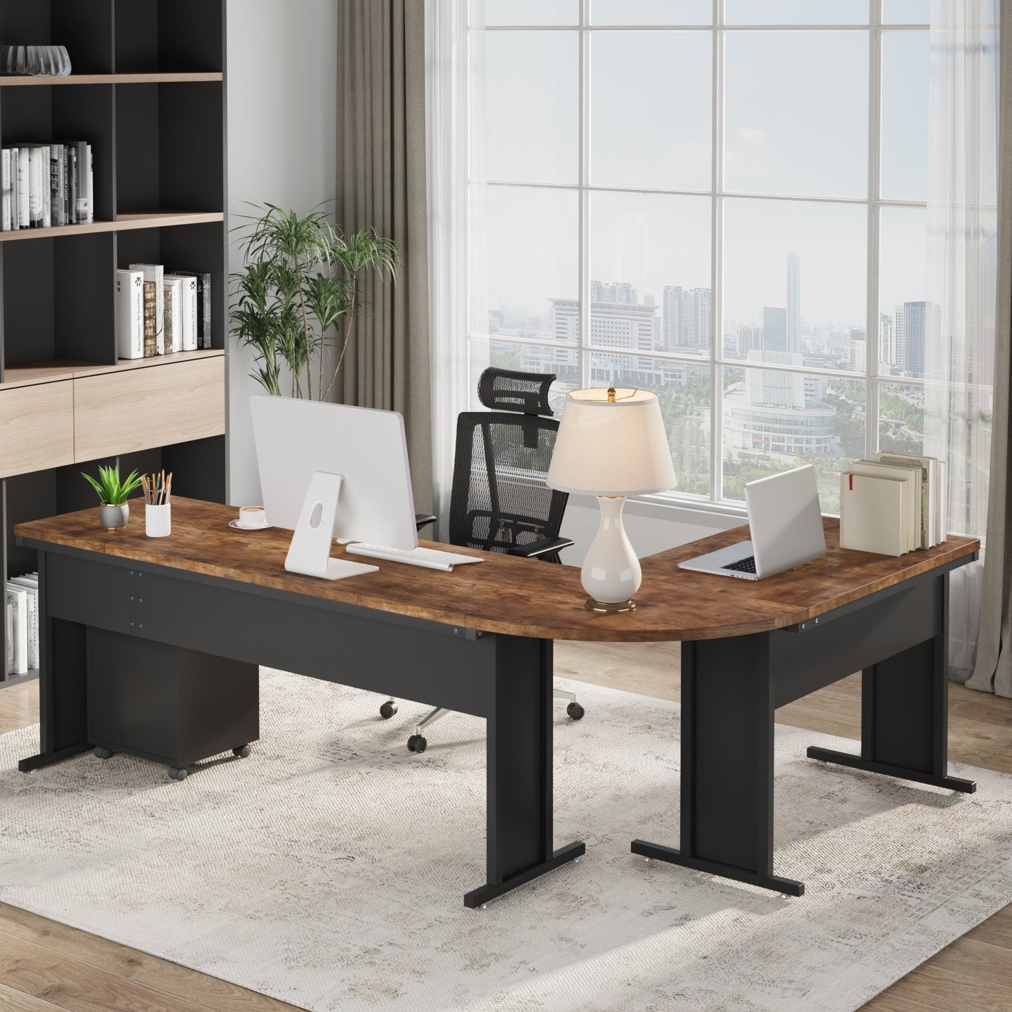 83" L-Shaped Desk, Industrial Corner Executive Desk with Mobile File Cabinet
