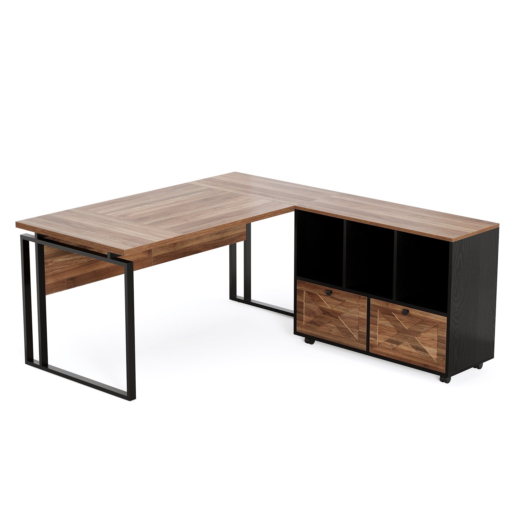 L-Shaped Office Desk, 63" Executive Computer Desk with File Cabinet