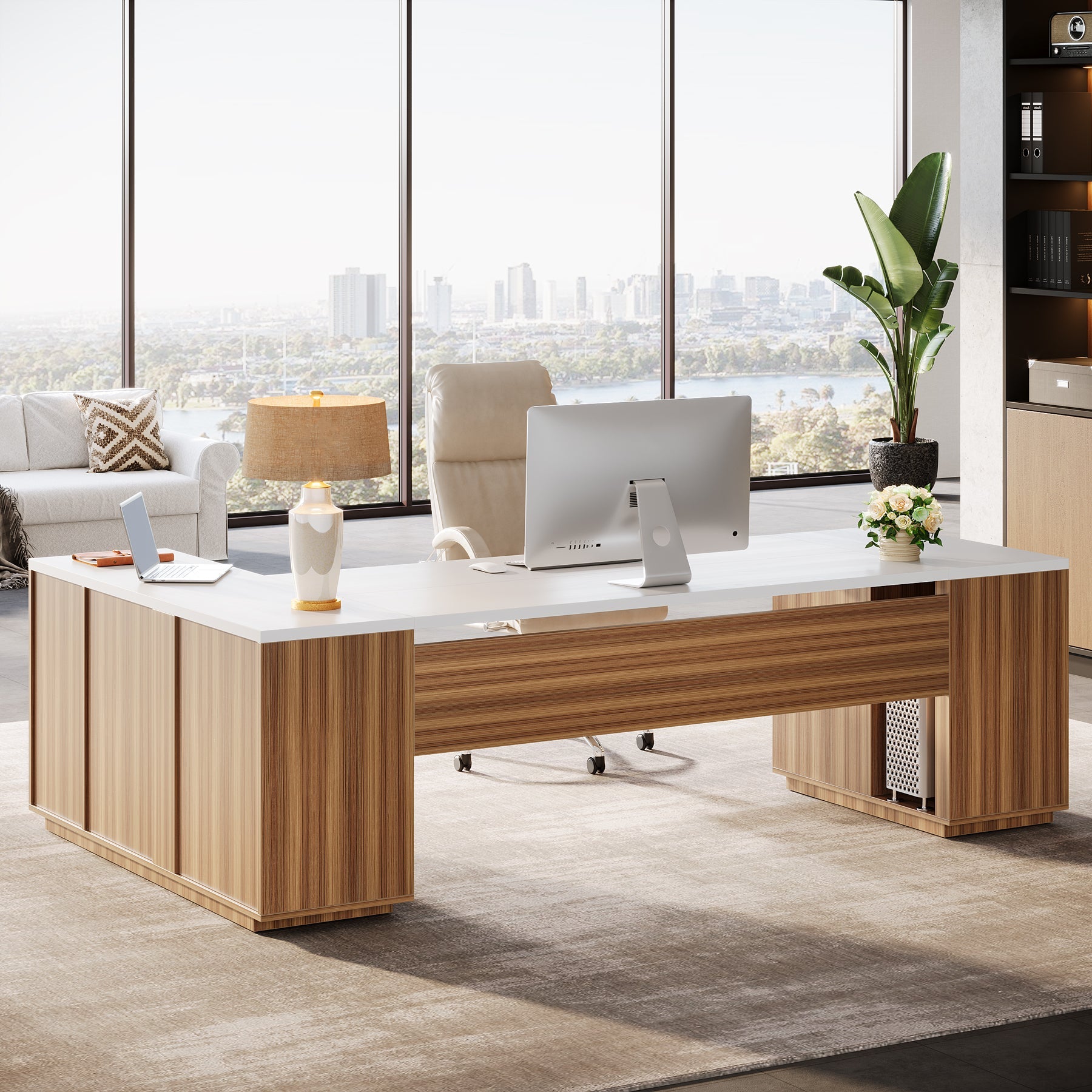 85.8" Executive Desk, L - Shaped Office Desk Computer Desk with File Drawers Tribesigns