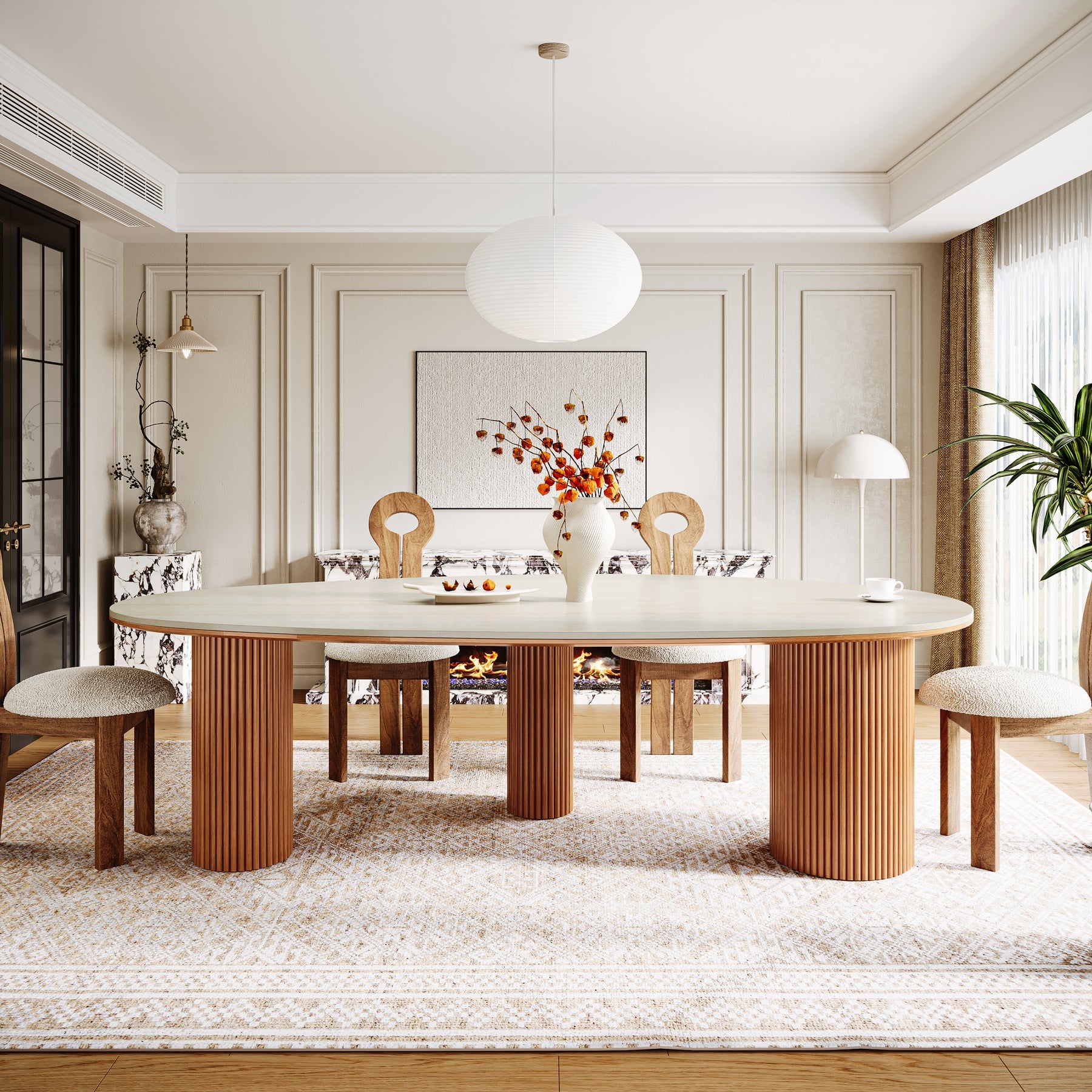 86" Dining Table, Oval - Shaped Stone Kitchen Dinner Table for 6 People Tribesigns