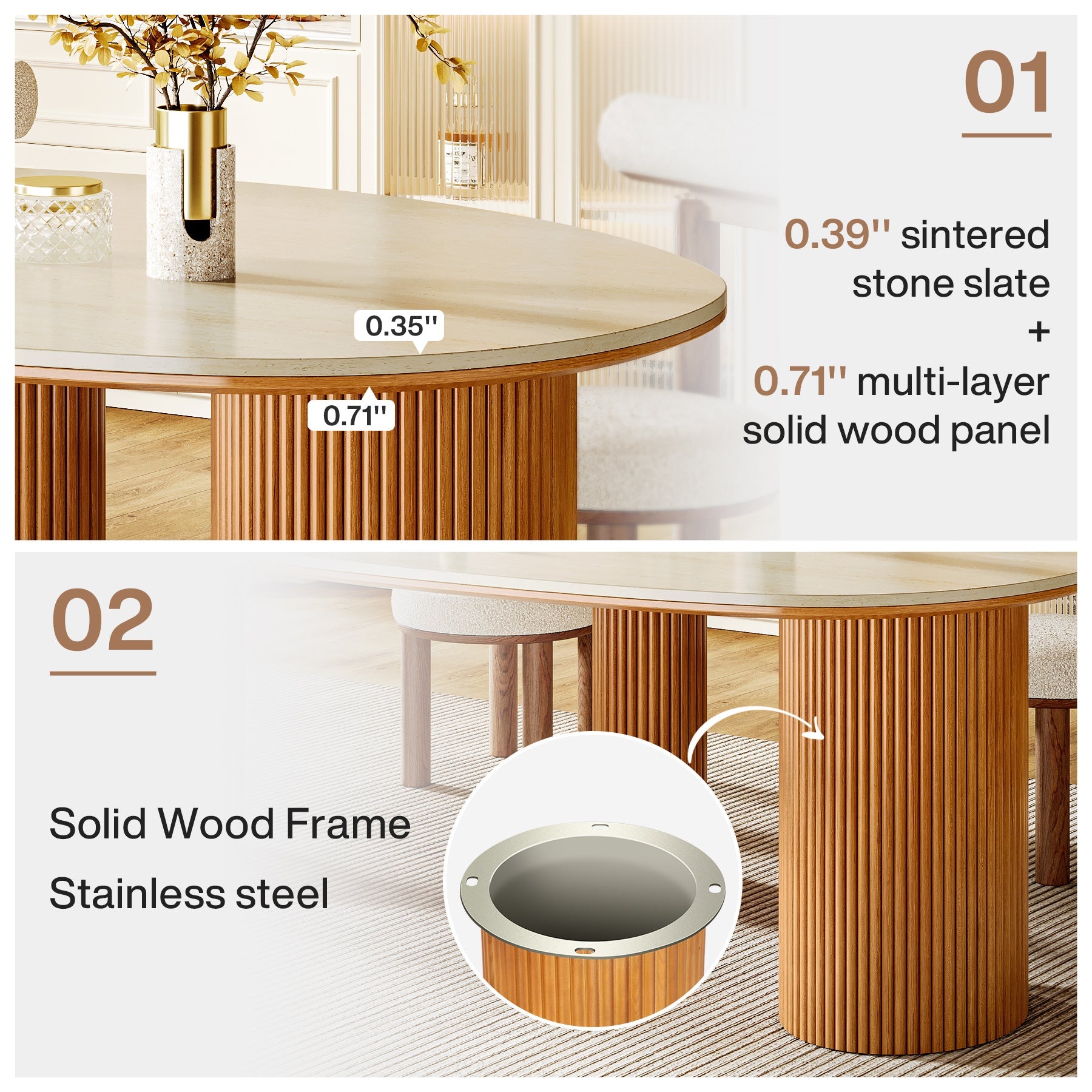 86" Dining Table, Oval - Shaped Stone Kitchen Dinner Table for 6 People Tribesigns