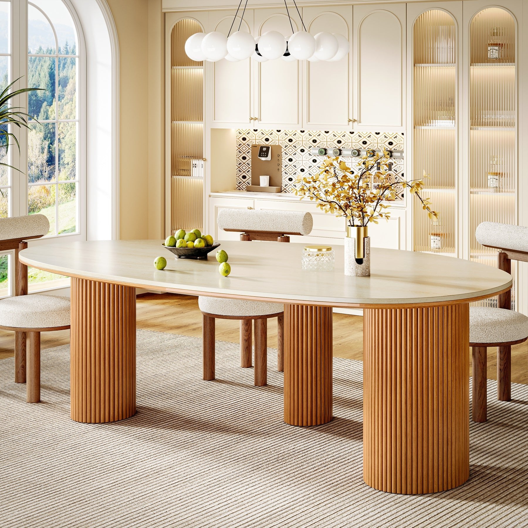 86" Dining Table, Oval - Shaped Stone Kitchen Dinner Table for 6 People Tribesigns