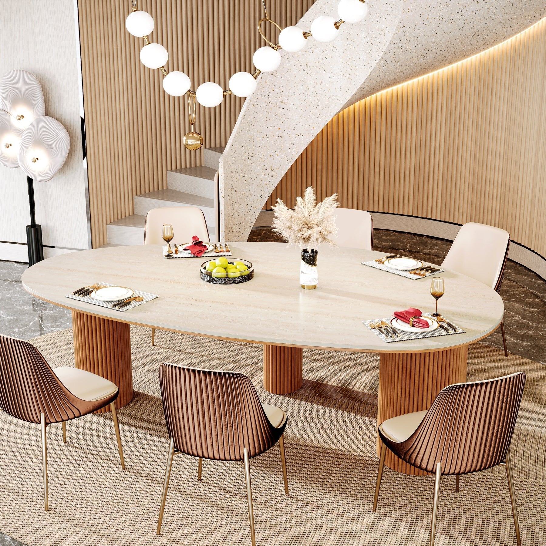 86" Dining Table, Oval - Shaped Stone Kitchen Dinner Table for 6 People Tribesigns
