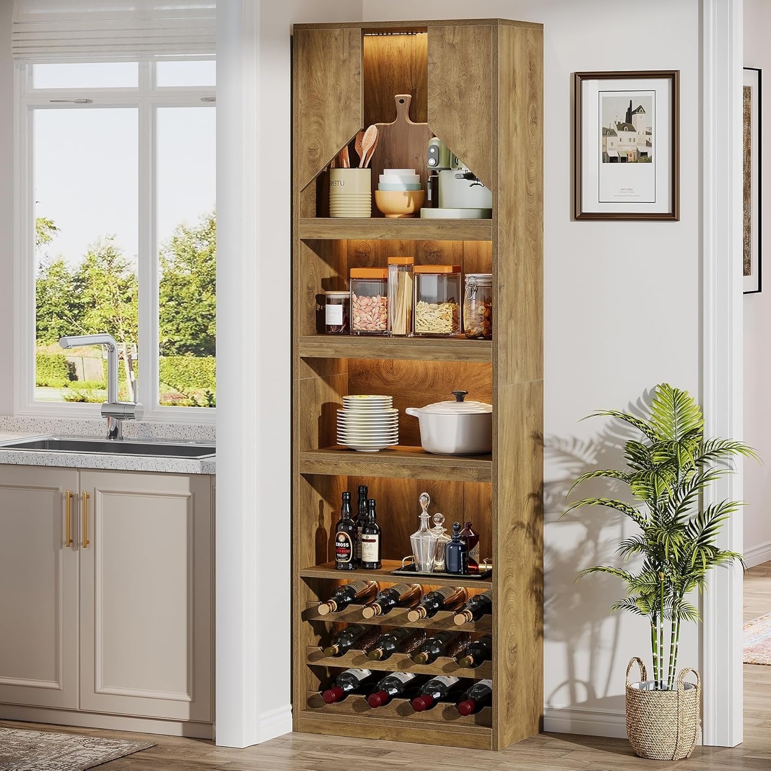 86.6" Wine Bar Cabinet, Farmhouse Home Bar Liquor Cabinet with with Stripe Light