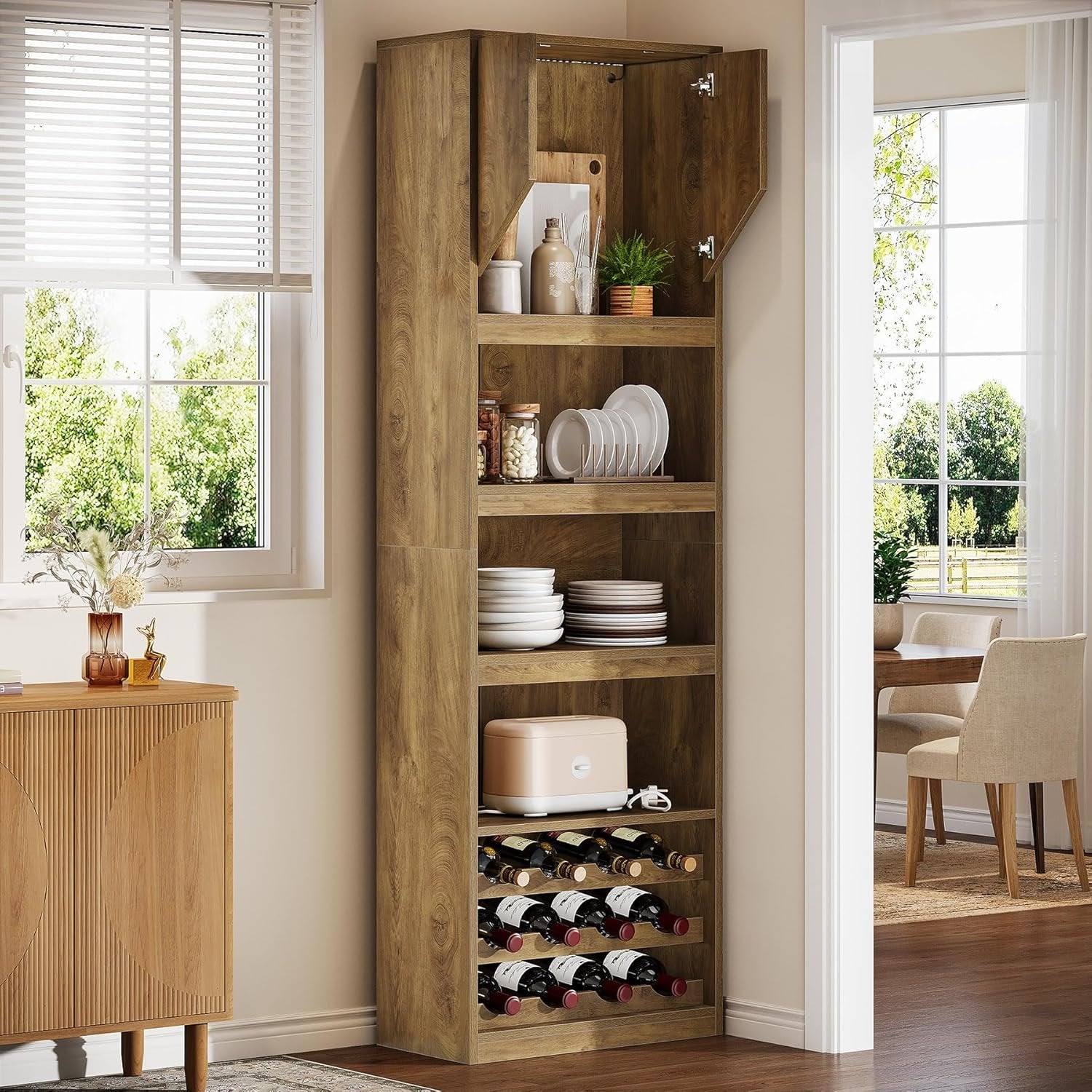 86.6" Wine Bar Cabinet, Farmhouse Home Bar Liquor Cabinet with with Stripe Light