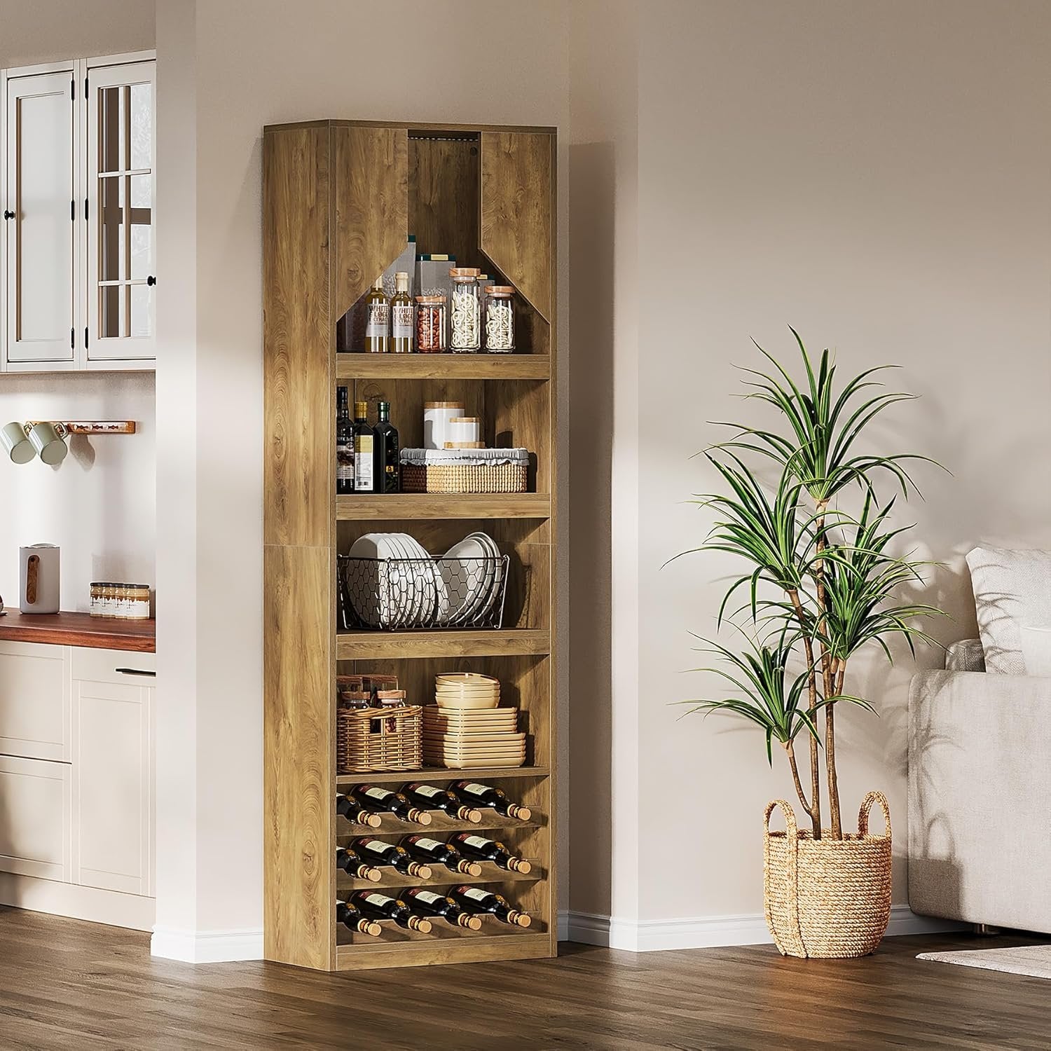 86.6" Wine Bar Cabinet, Farmhouse Home Bar Liquor Cabinet with with Stripe Light