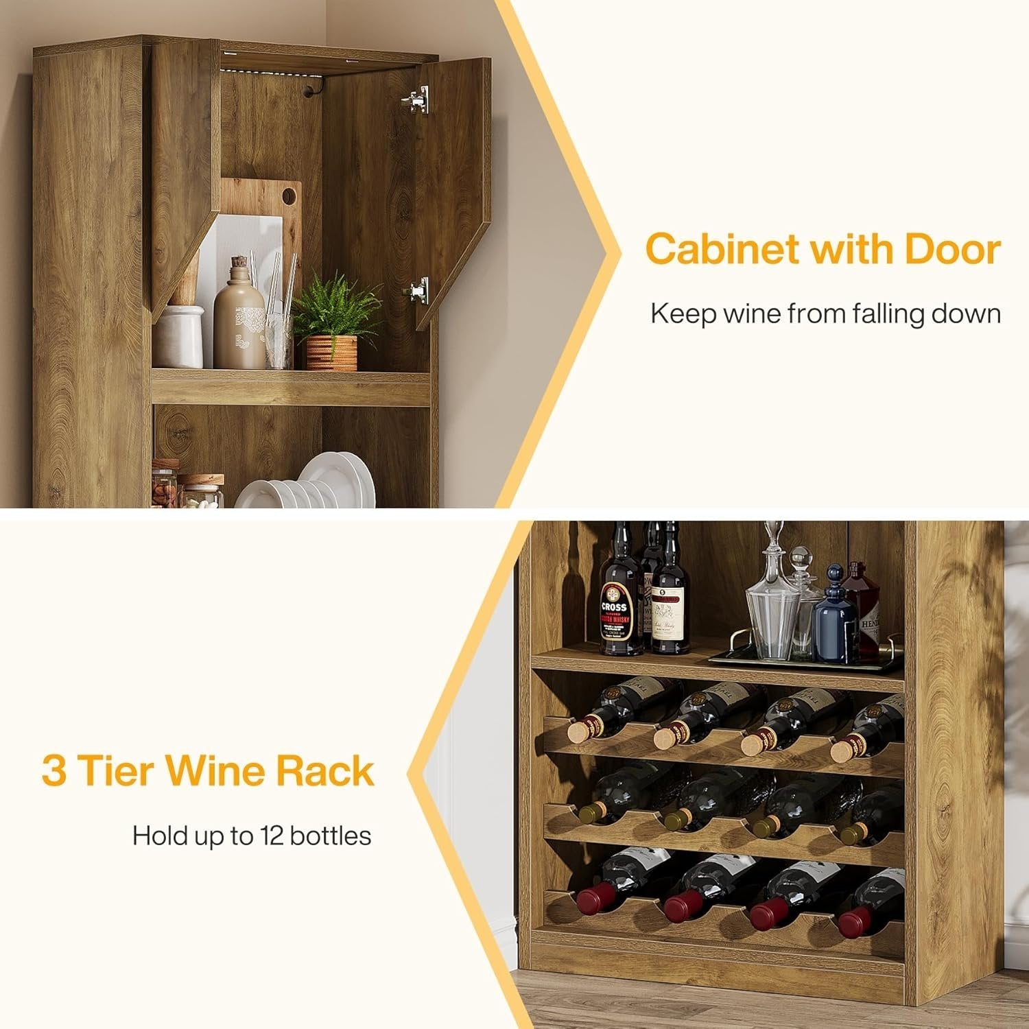 86.6" Wine Bar Cabinet, Farmhouse Home Bar Liquor Cabinet with with Stripe Light