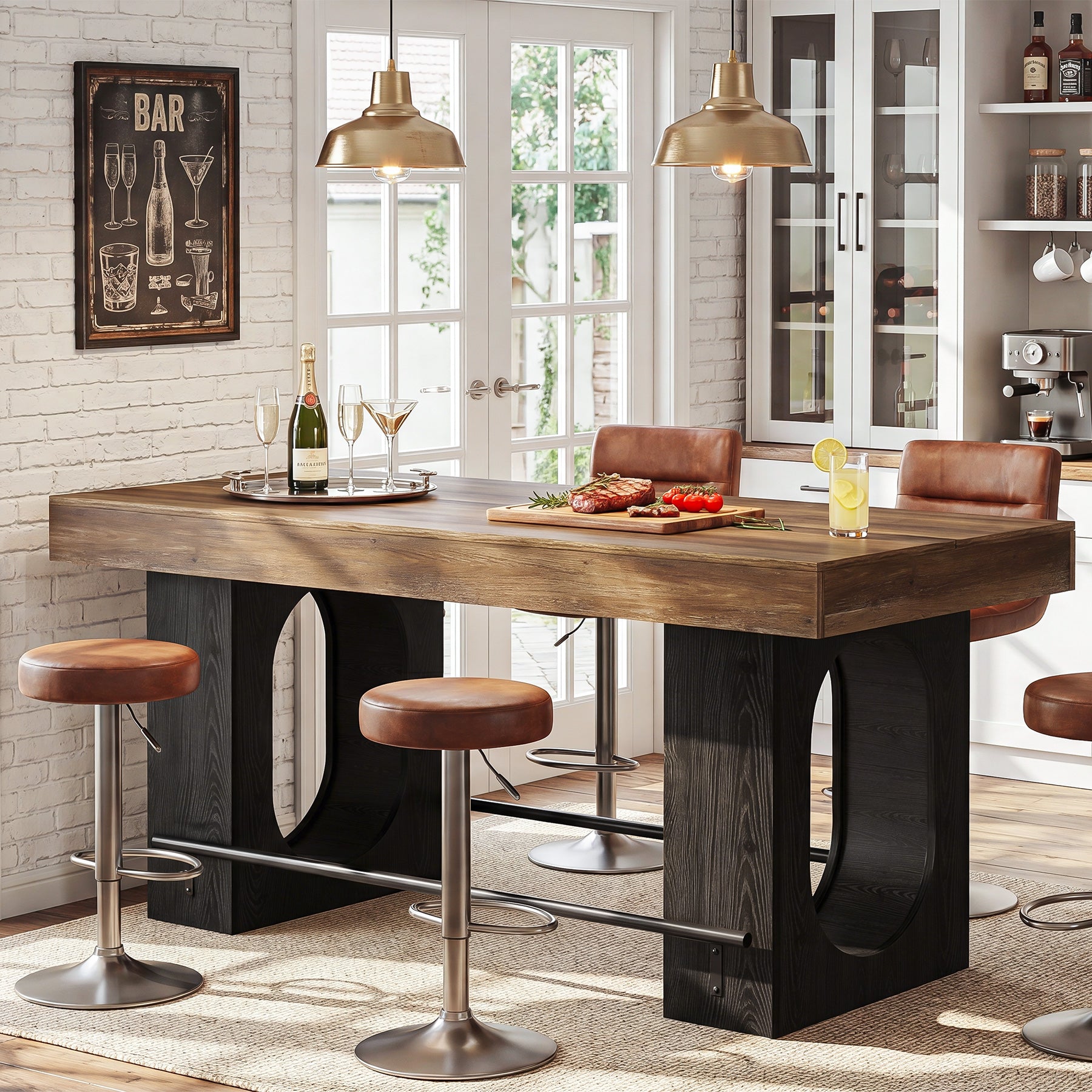 63" Bar Table, Industrial Counter Height Pub Table with Metal Footrest for Kitchen